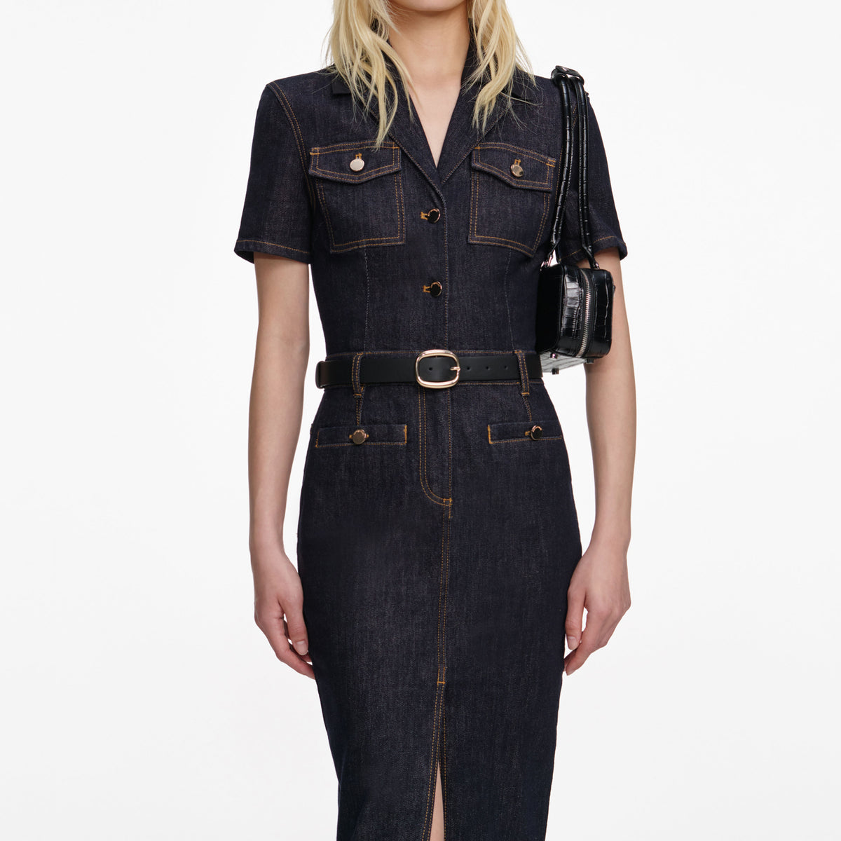 self portrait denim midi dress Belted halterneck denim midi dress - blue