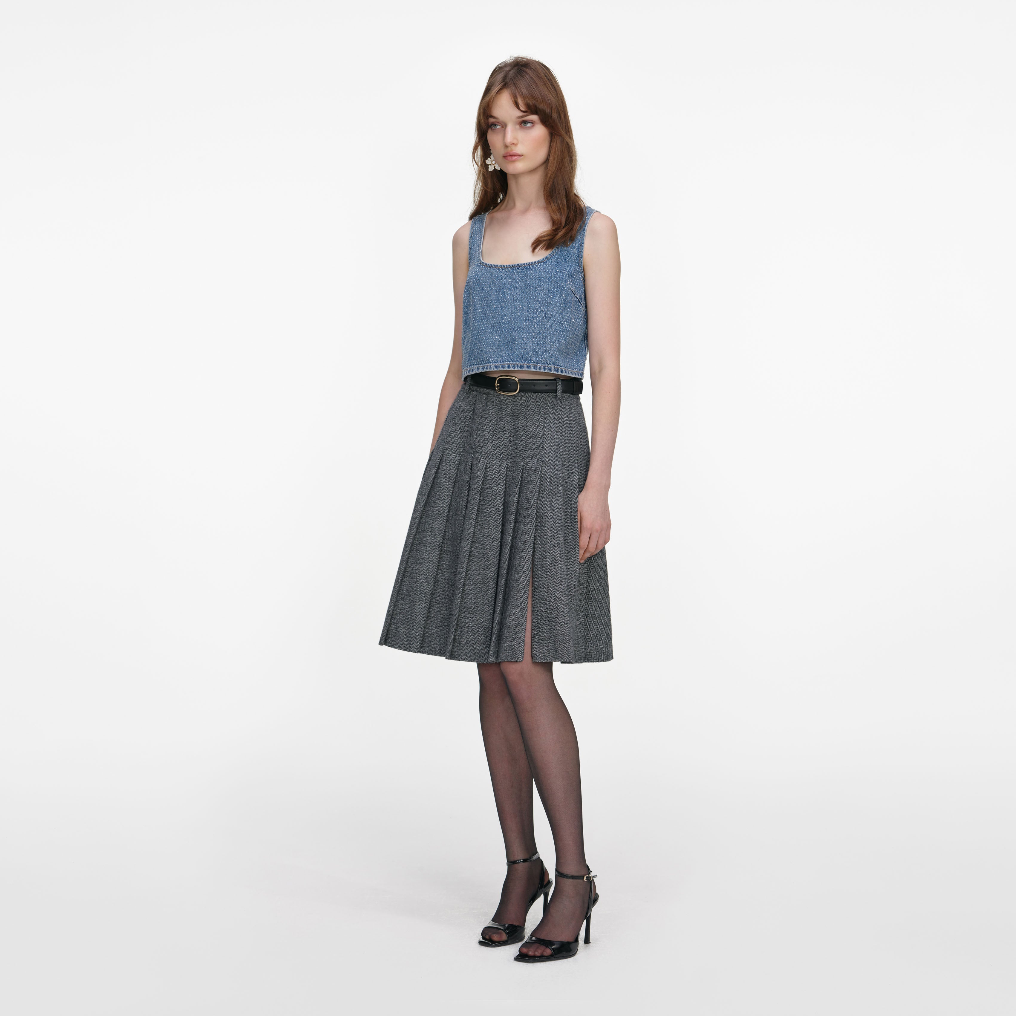 Grey Herringbone Pleated Midi Skirt – self-portrait