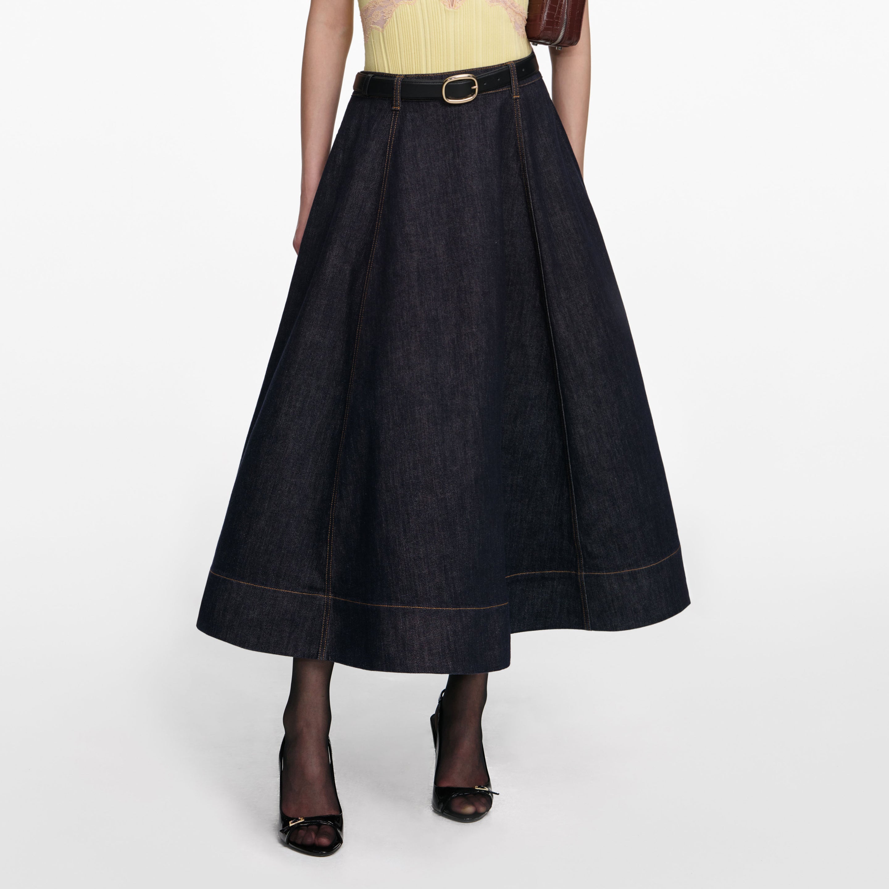 Women Black Denim Flared Midi Skirt