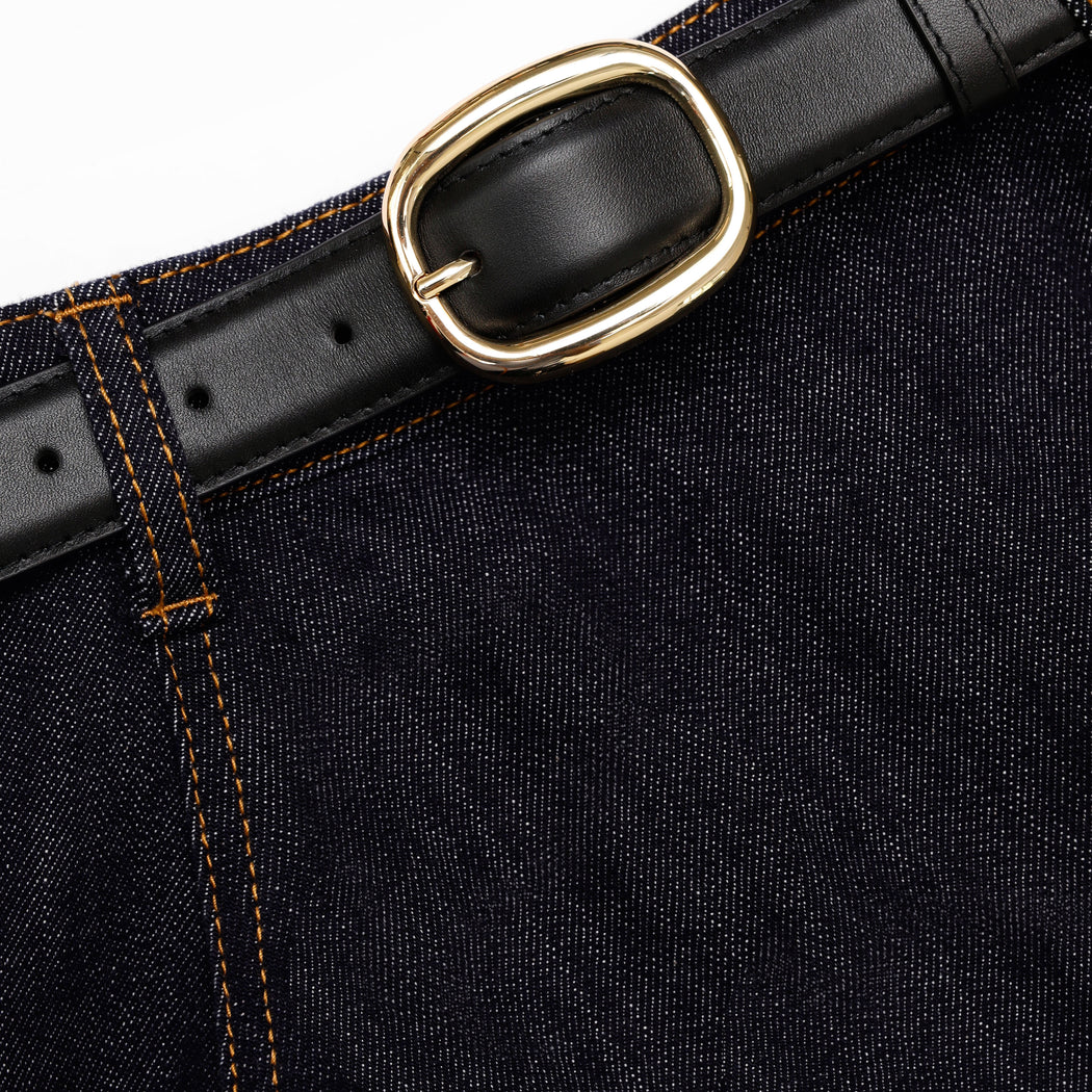 A close up of the fabric for the Indigo Denim Flared Midi Skirt