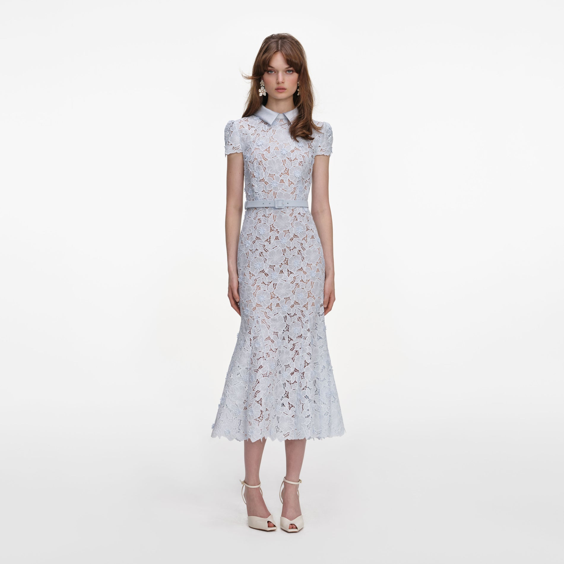 Front view of a woman wearing the Blue Guipure Lace Midi Dress
