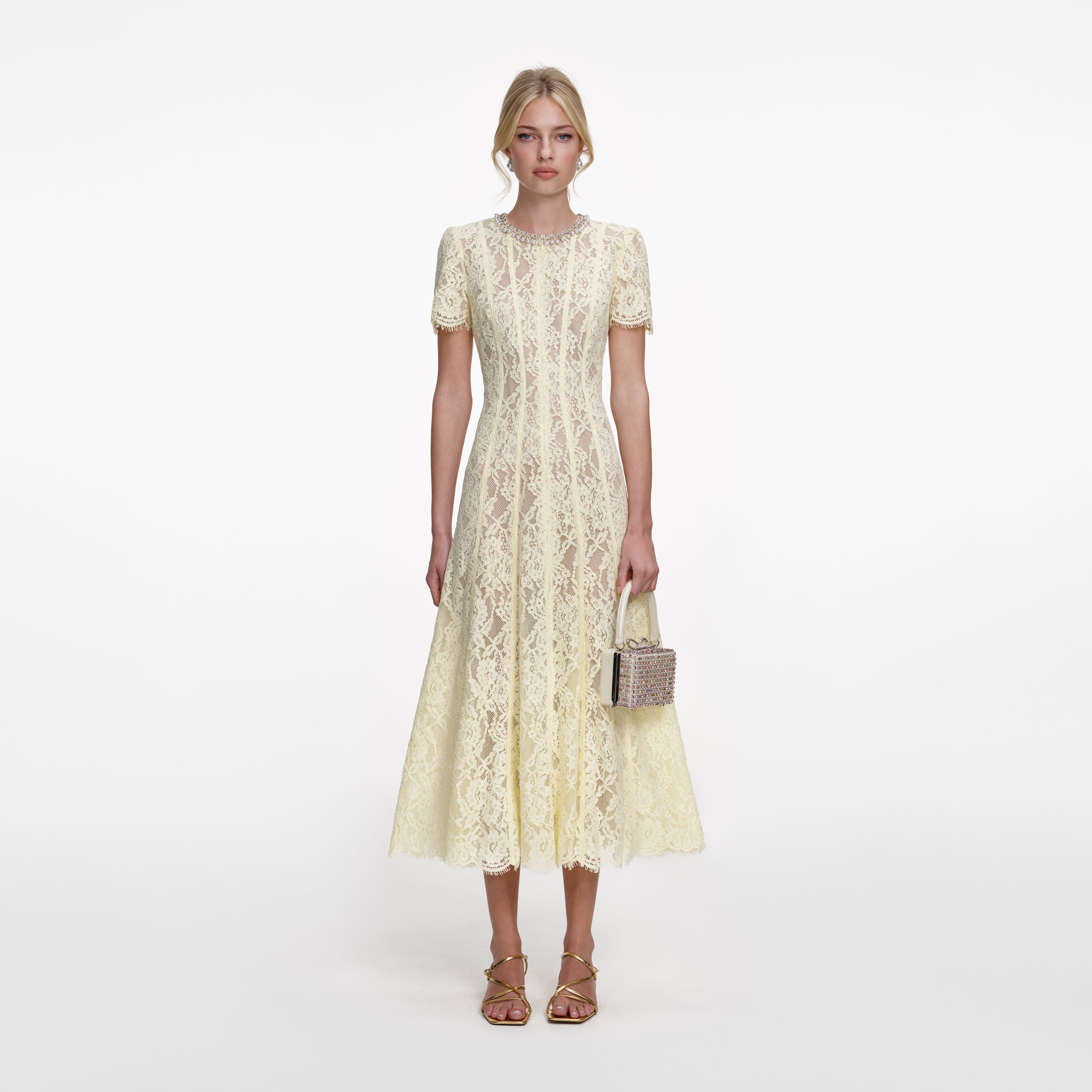 Yellow Lace Embellished Midi Dress