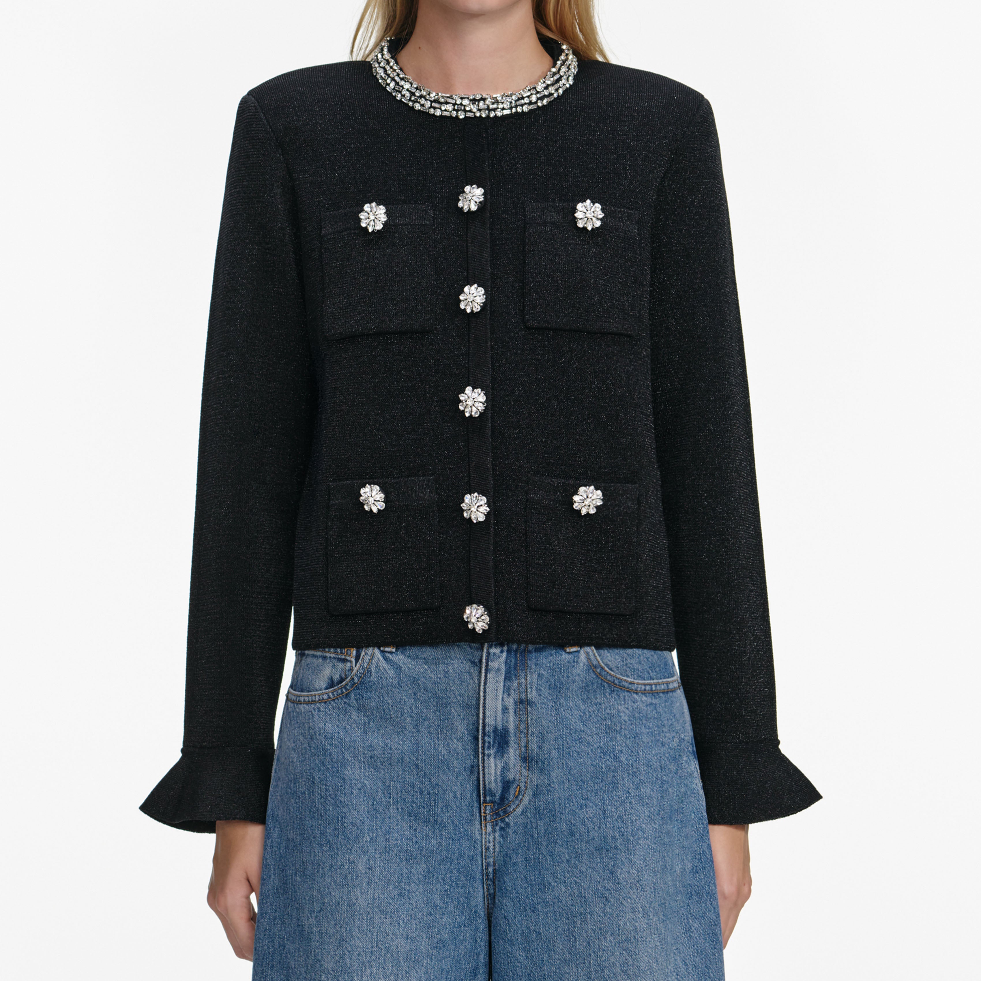 Black Crystal Button Cardigan – self-portrait
