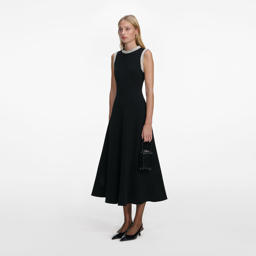 Black Crepe Pearl Trim Midi Dress – self-portrait