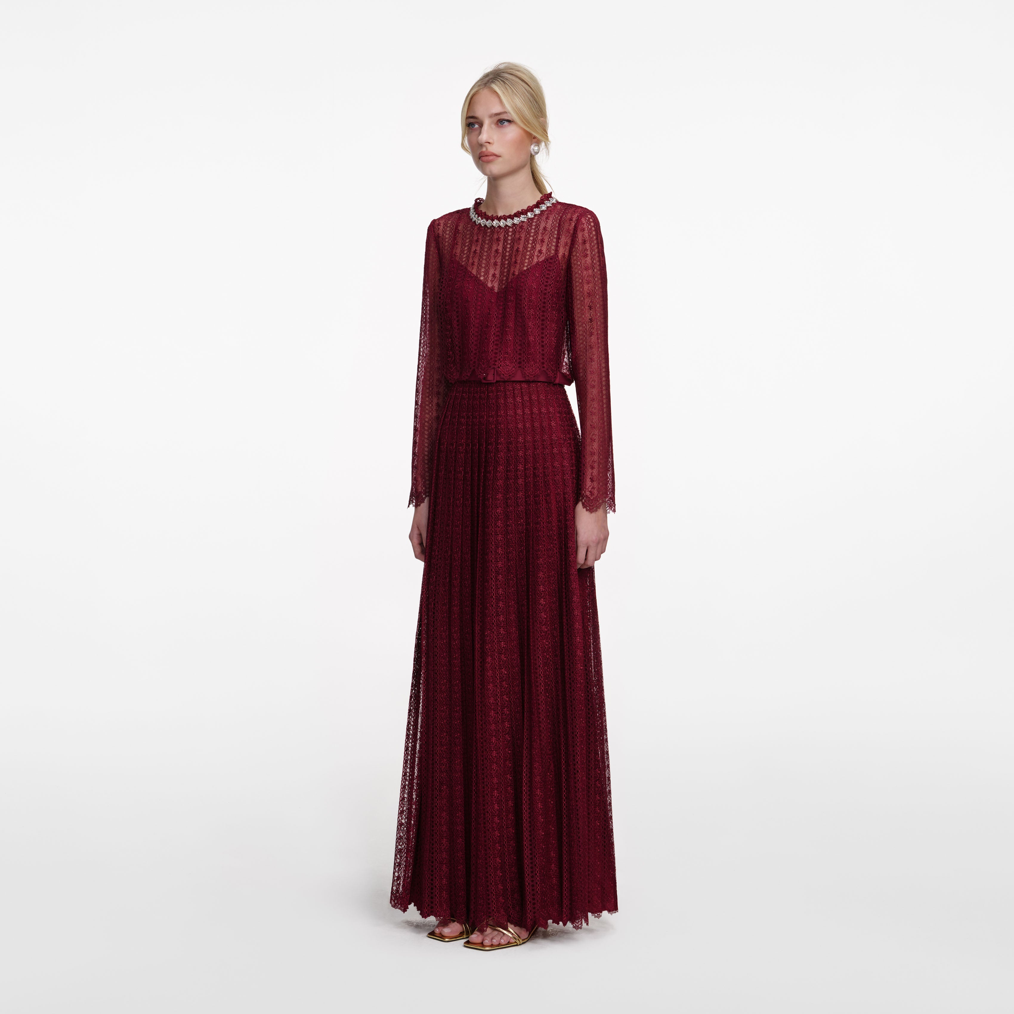 Burgundy Organza Lace Maxi Dress – self-portrait