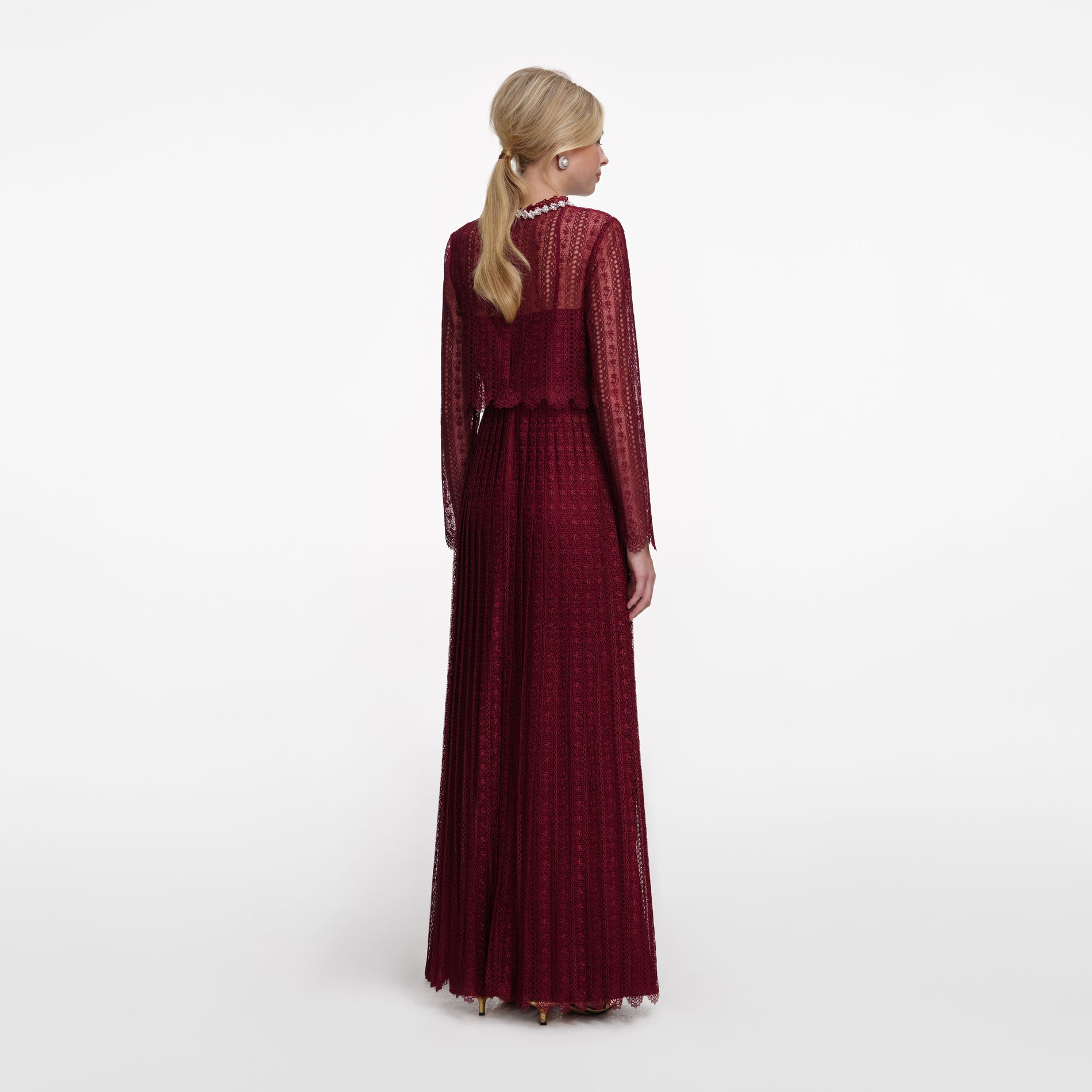 Back view of a woman wearing the Burgundy Organza Lace Maxi Dress