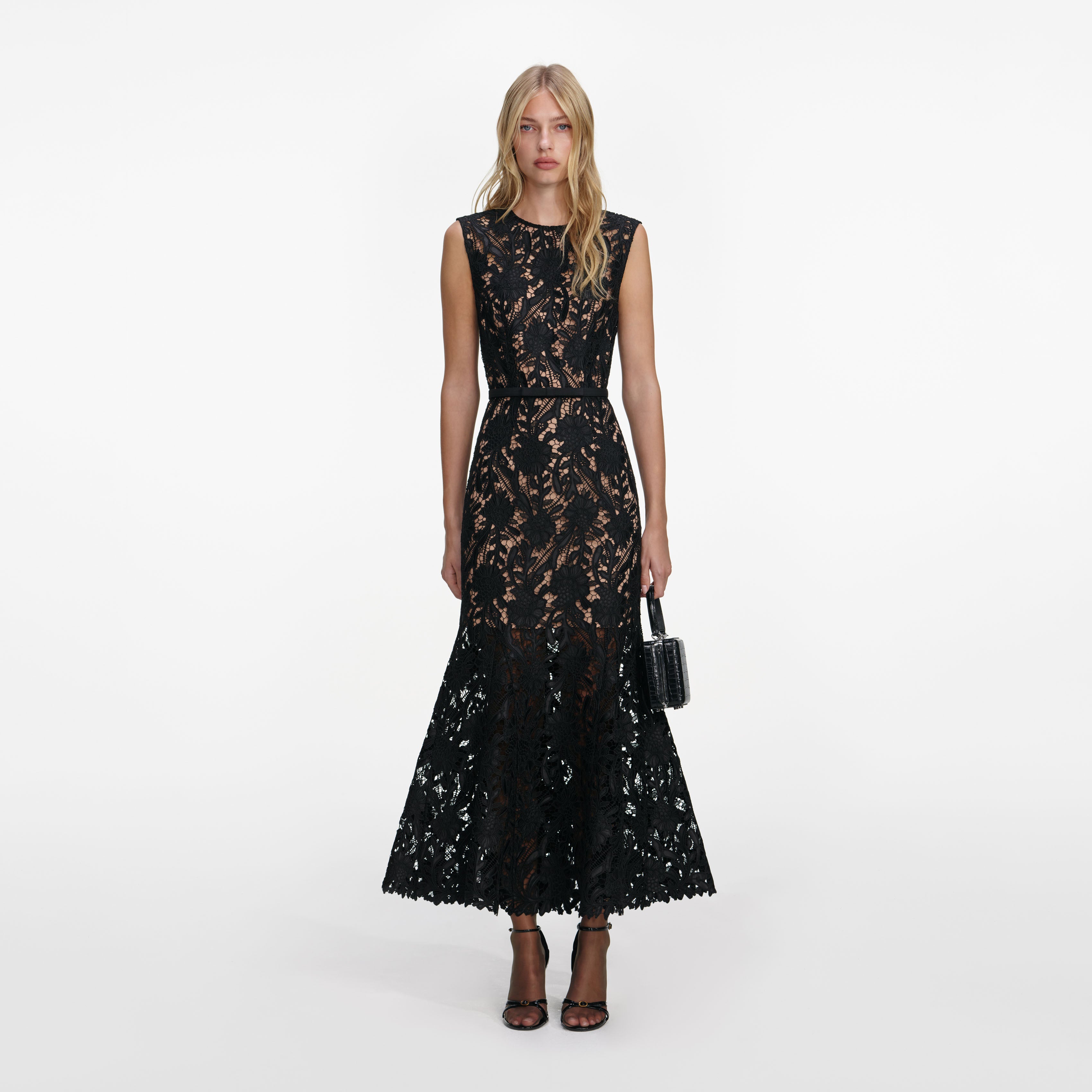 Black Guipure Lace Midi Dress
