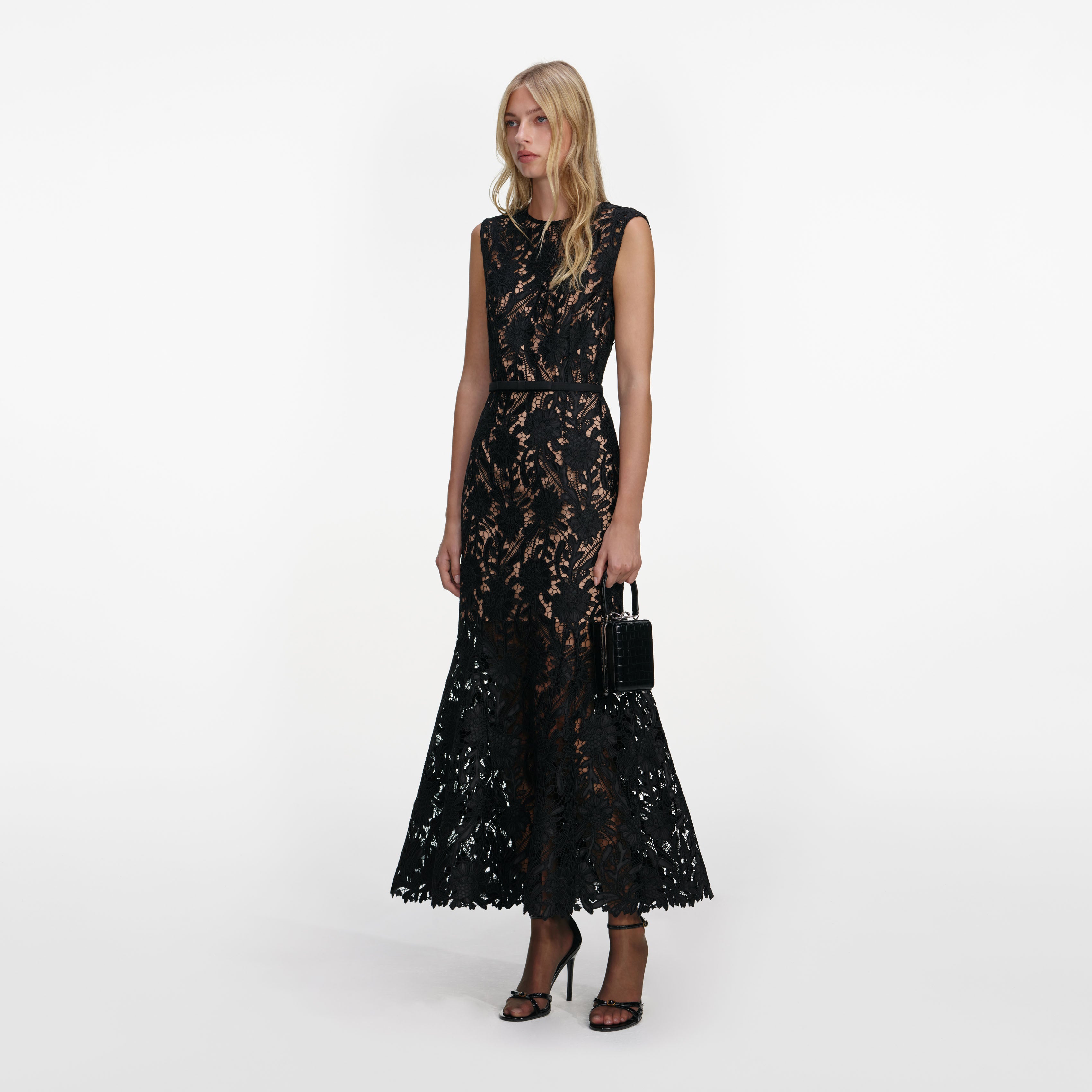 Black Guipure Lace Midi Dress – self-portrait