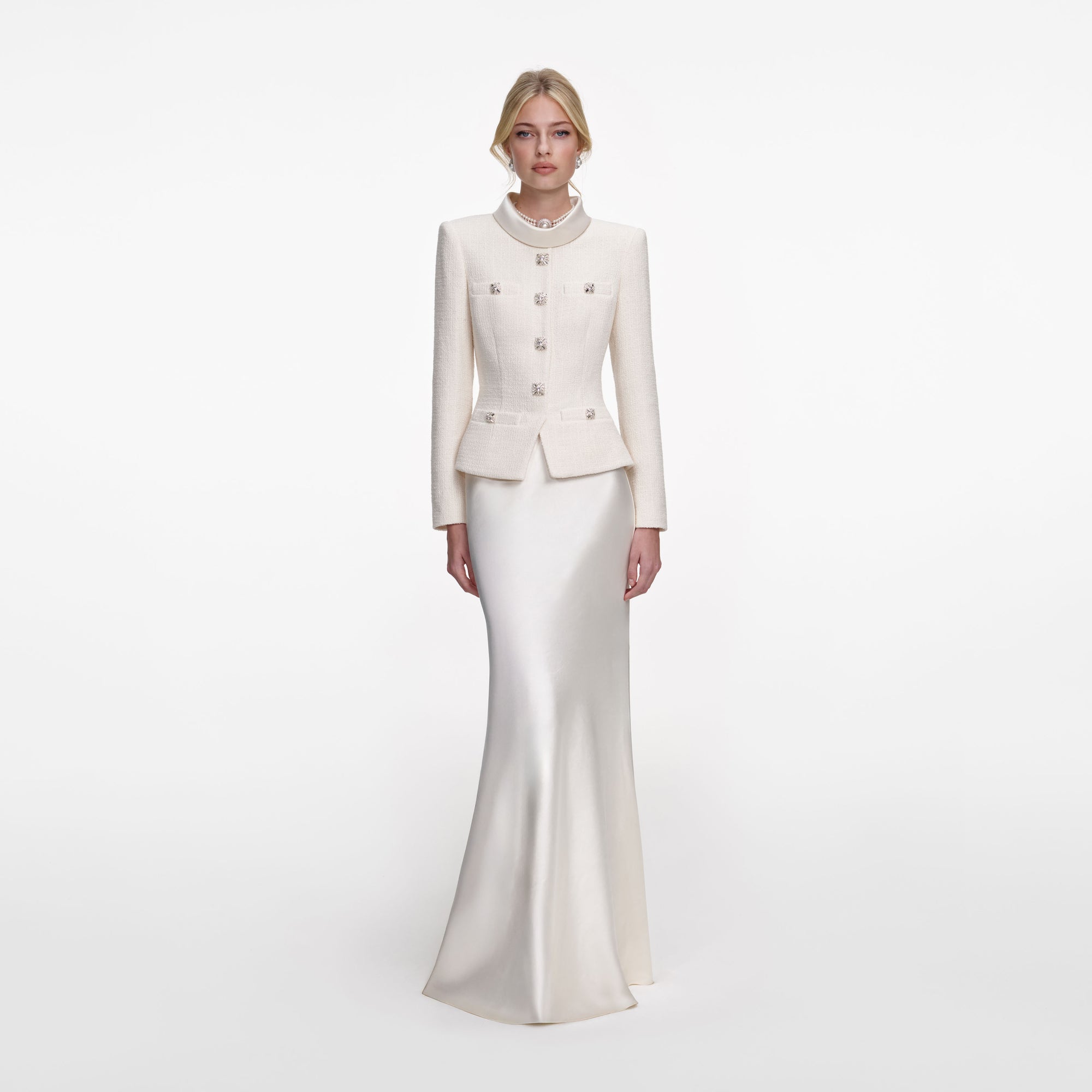 Front view of a woman wearing the Cream Boucle Collared Maxi Dress