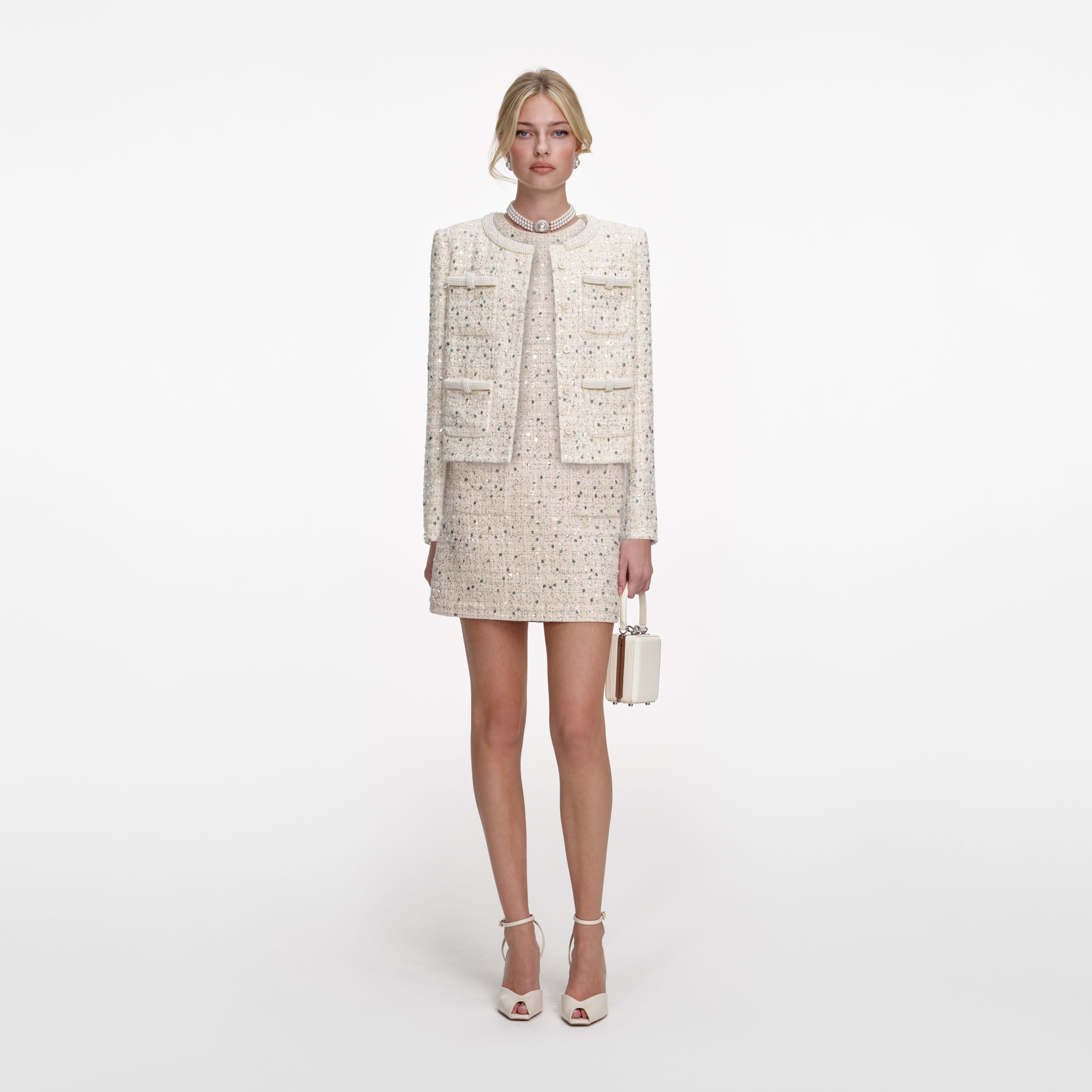 Cream Embellished Boucle Mini Dress – self-portrait