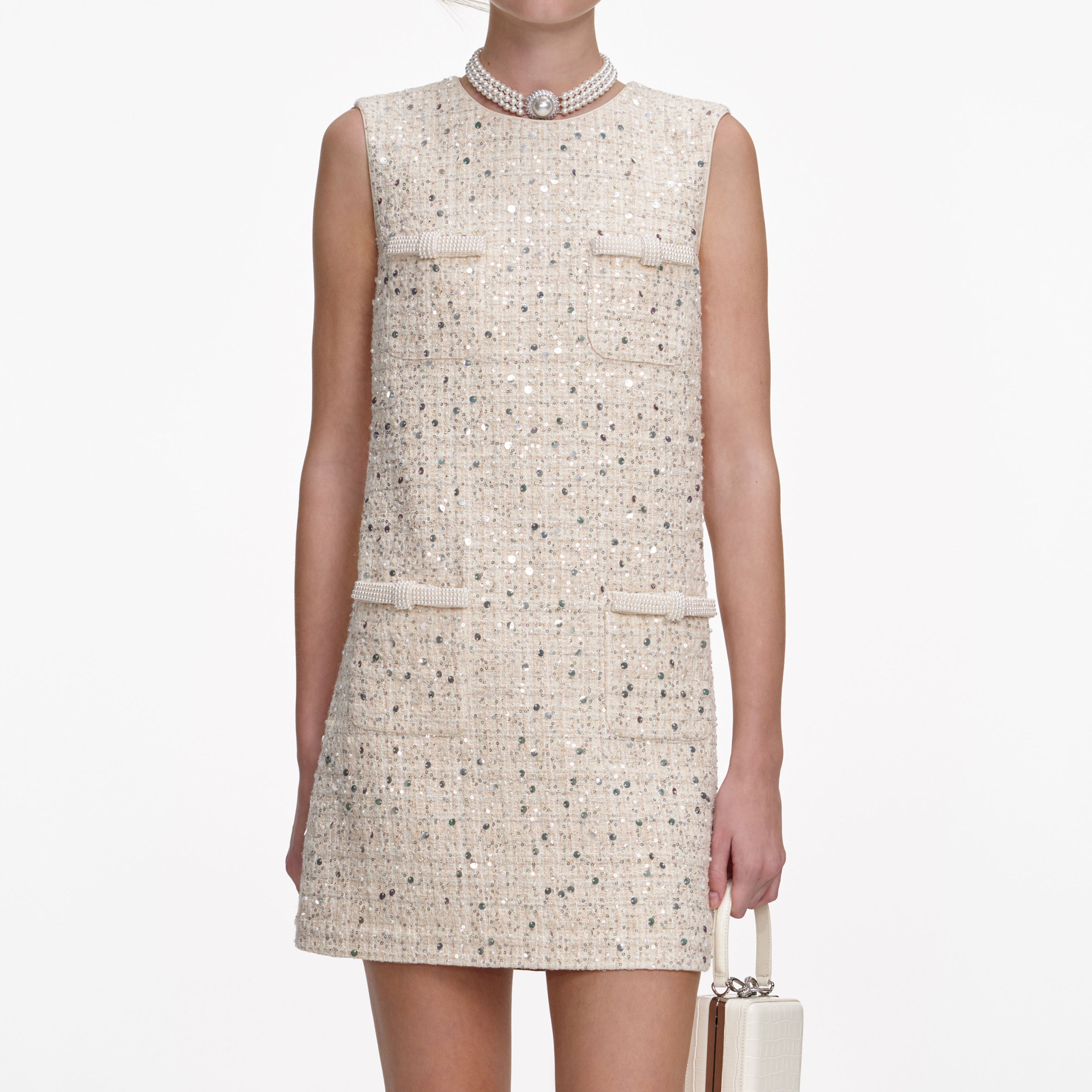 Cream Embellished Boucle Mini Dress – self-portrait