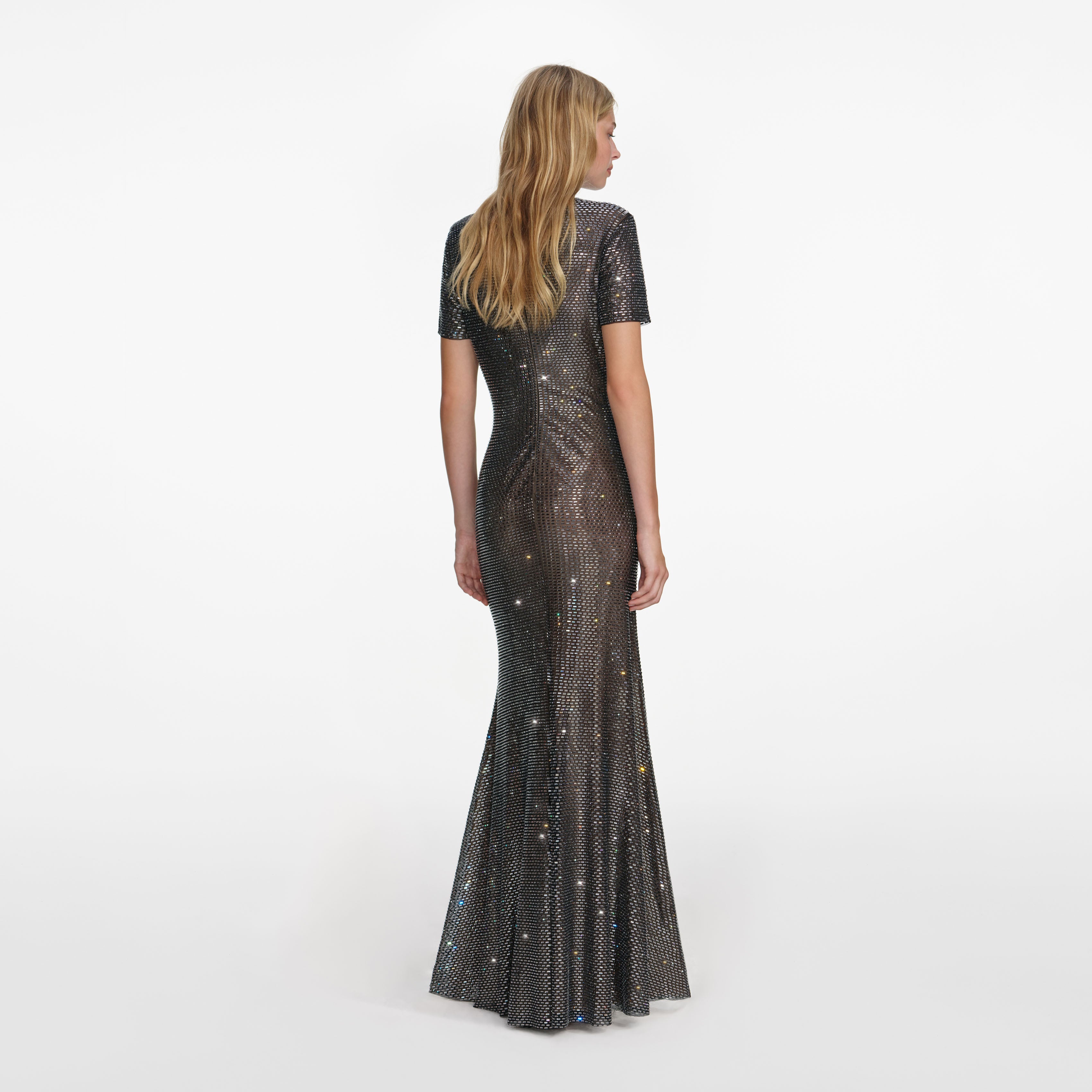 Gunmetal Rhinestone Mesh Maxi Dress