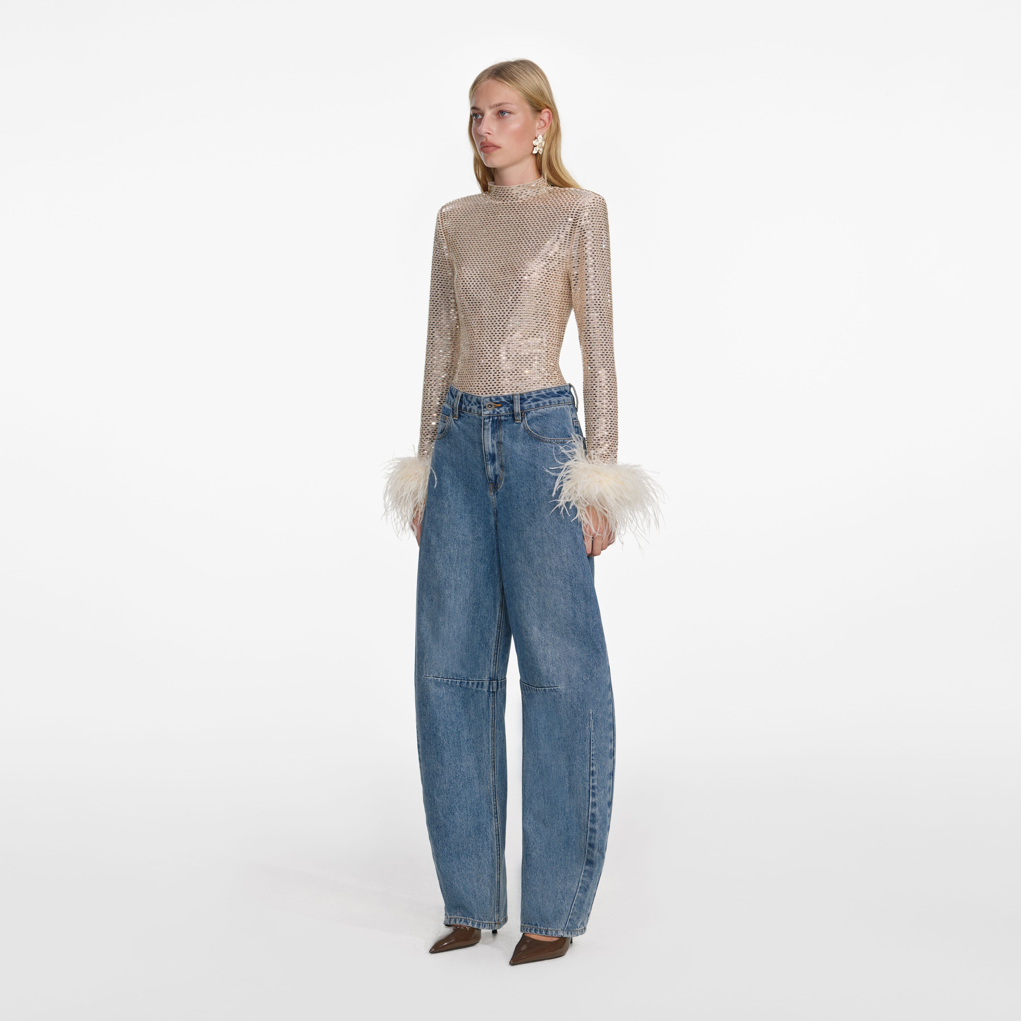 Champagne Rhinestone Feather Top