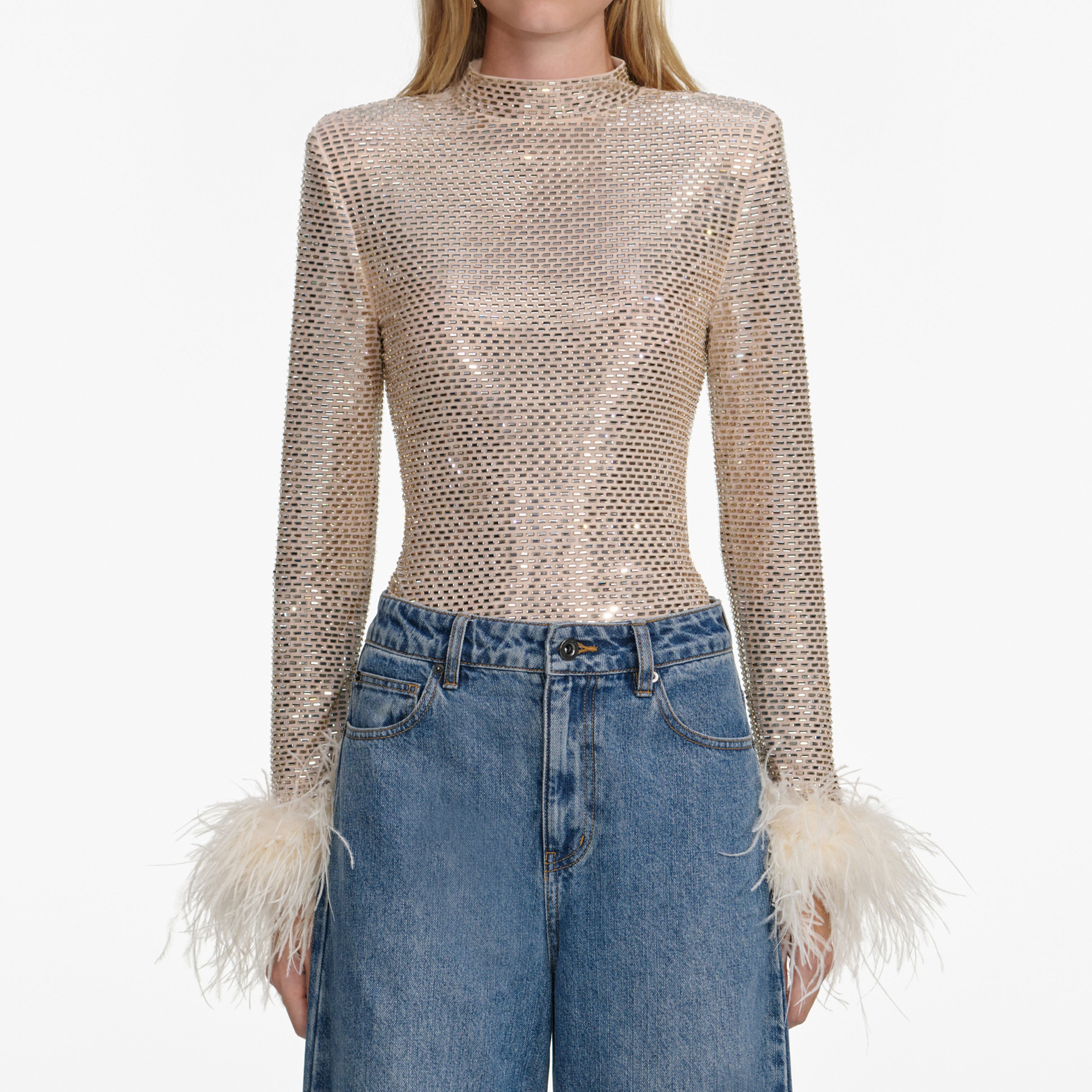Champagne Rhinestone Feather Top