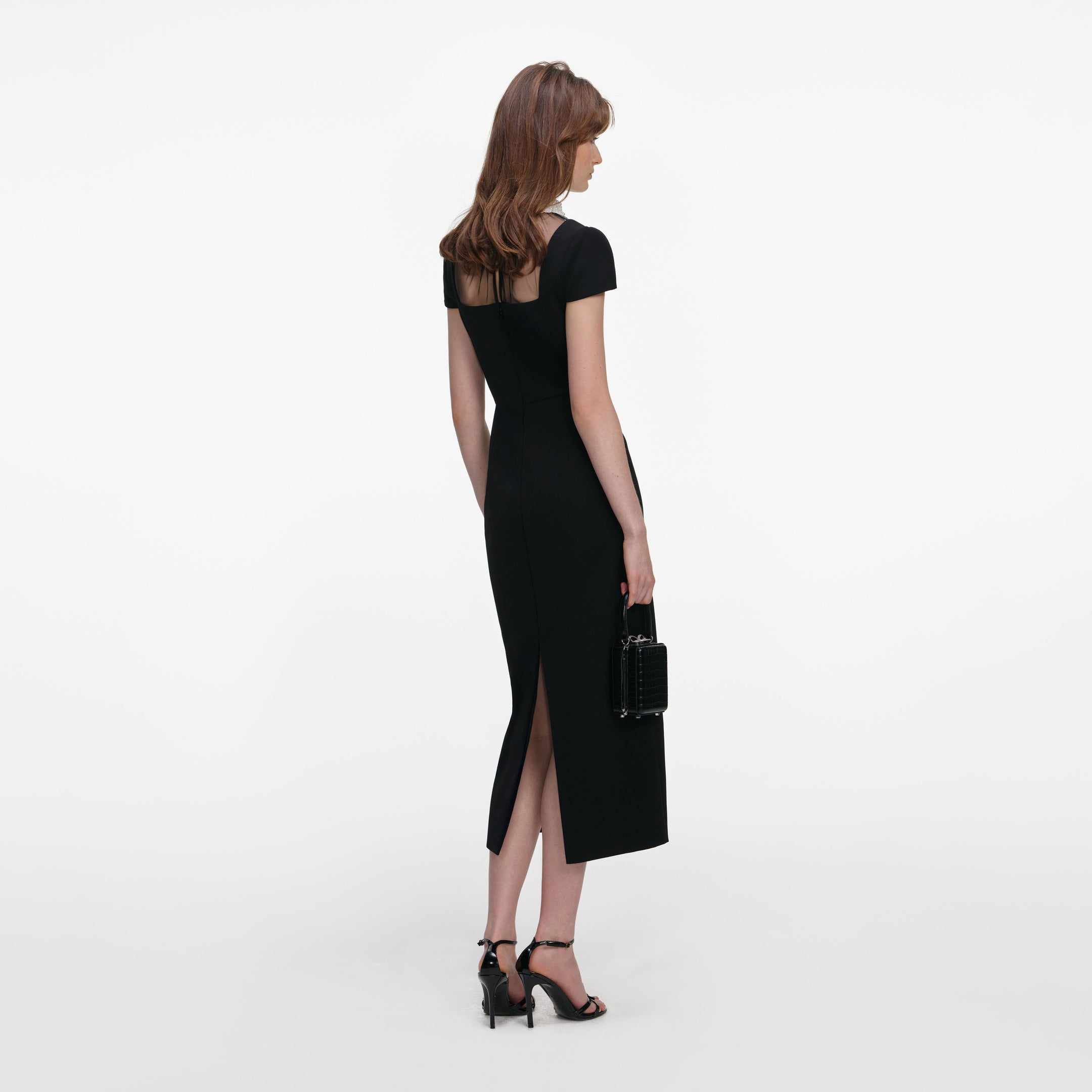 Crepe High Halter Neckline Bow tie Detail Dress-Black