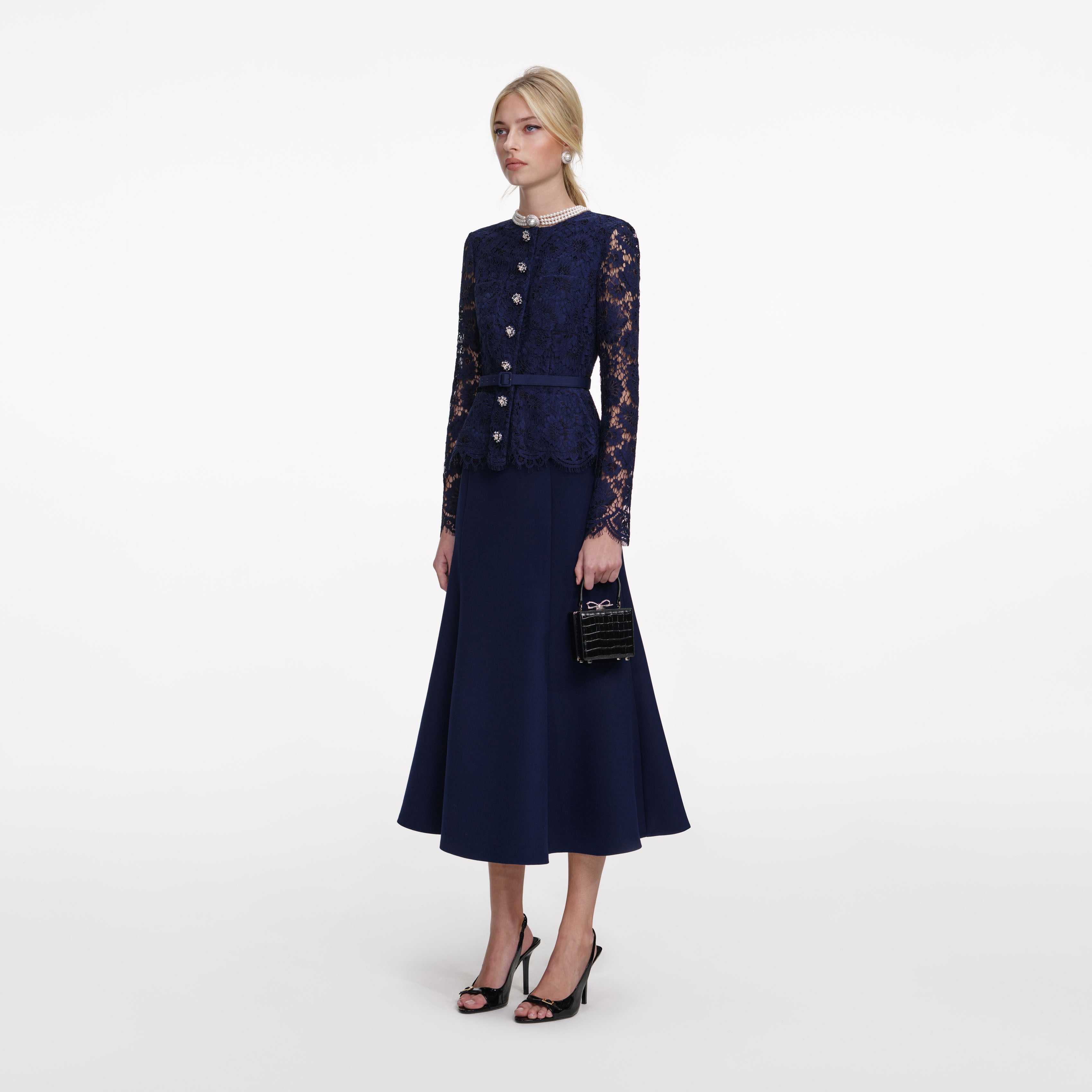 Navy Tailored Lace Midi Dress – self-portrait