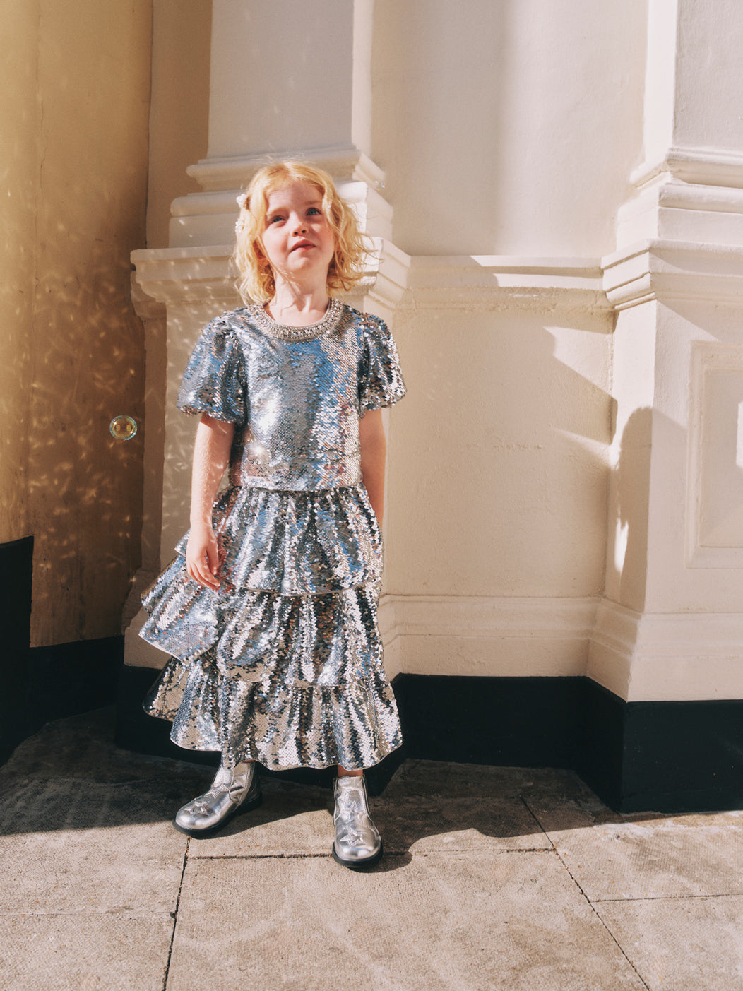 Silver Sequin Tiered Skirt – self-portrait