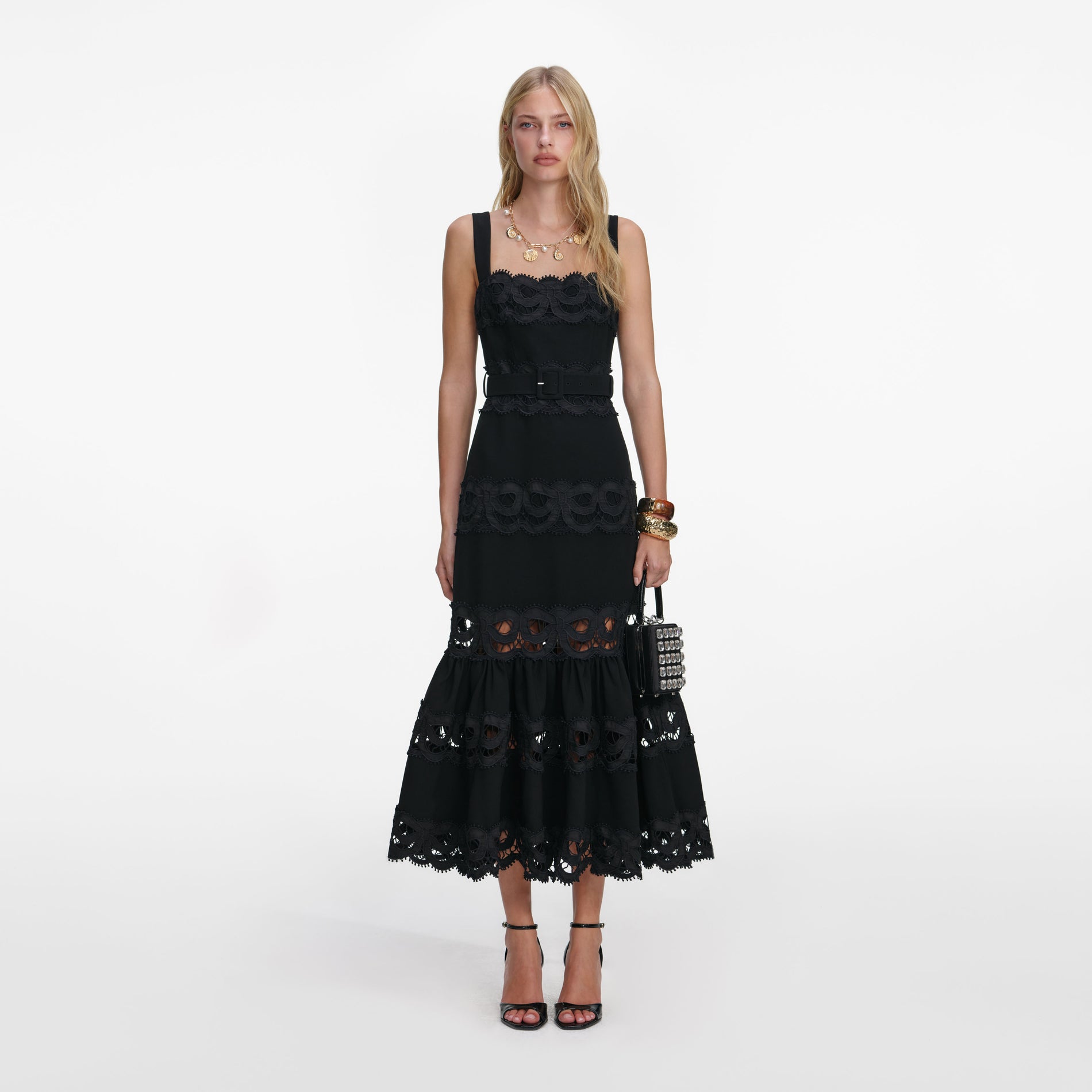 Front view of a woman wearing the Black Crepe Midi Dress