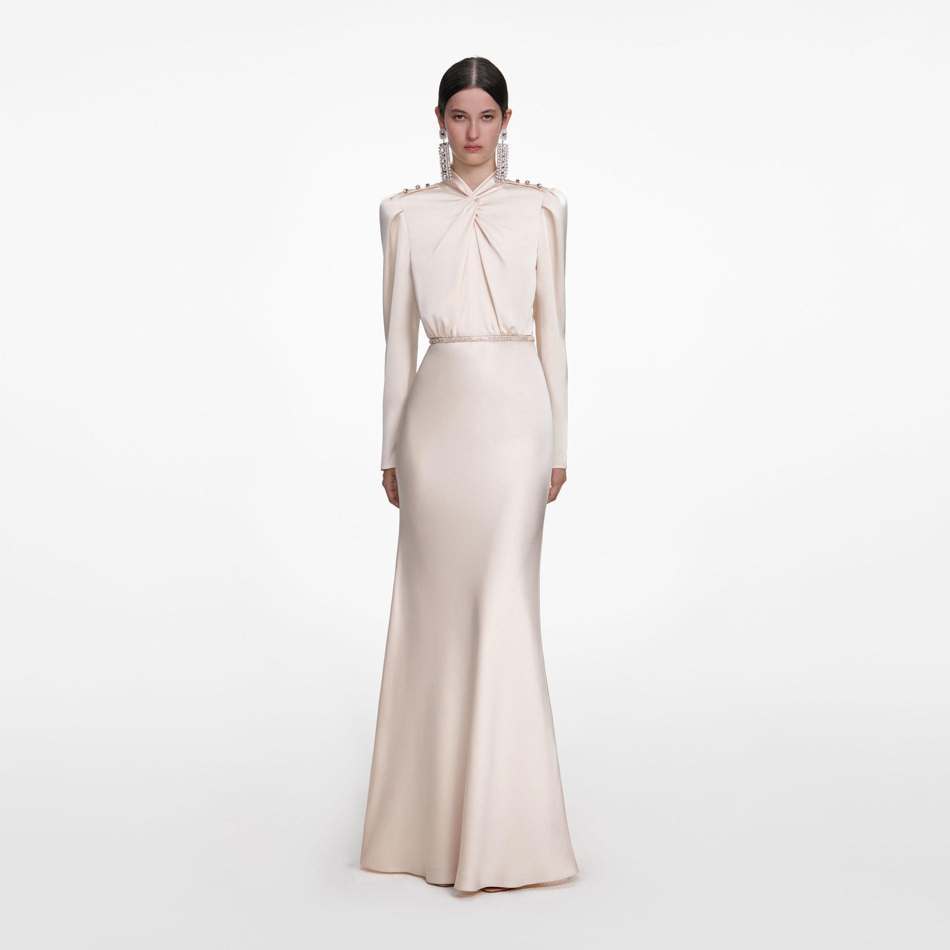 Front view of a woman wearing the Champagne Satin Maxi Dress