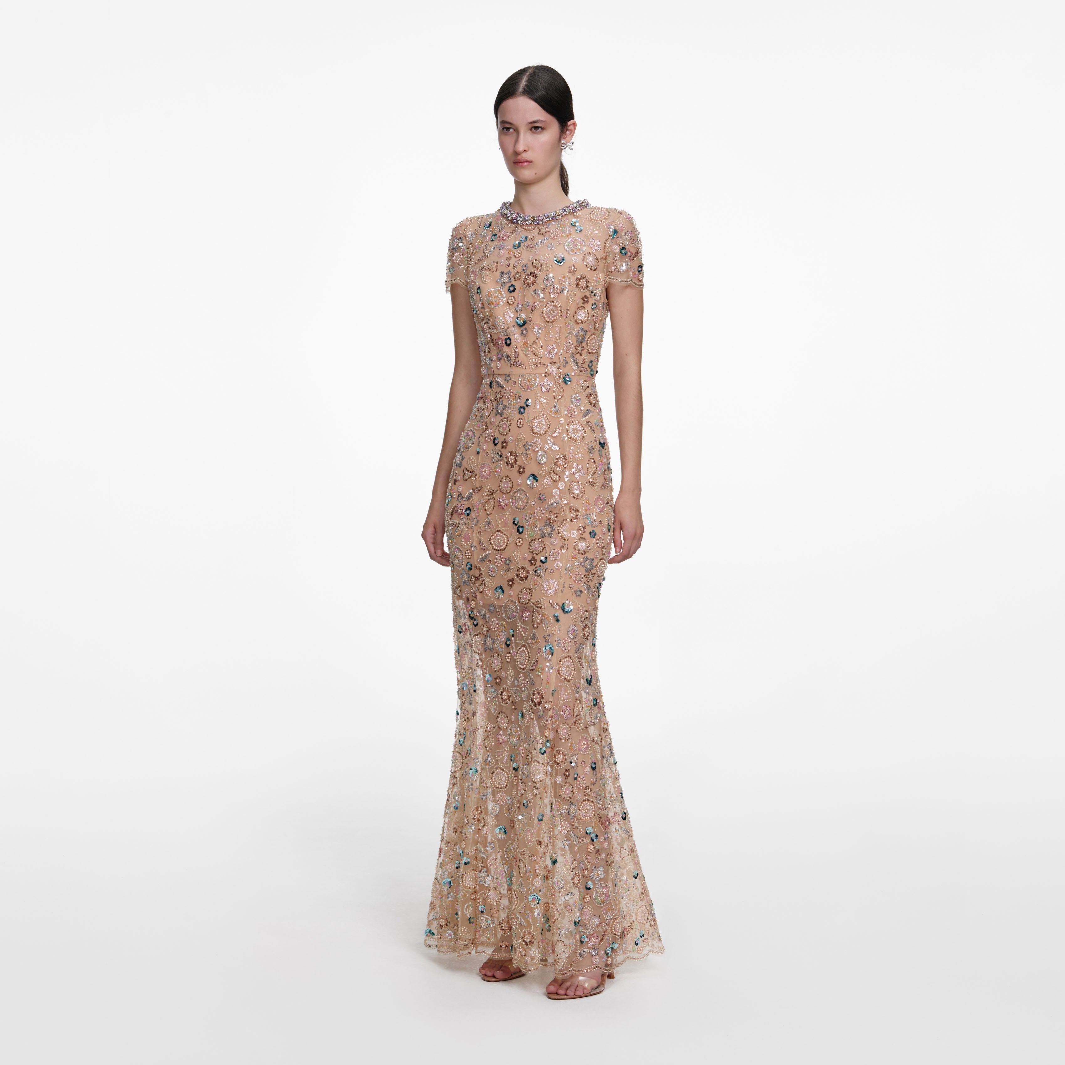 Champagne Sequin Embroidered Maxi Dress