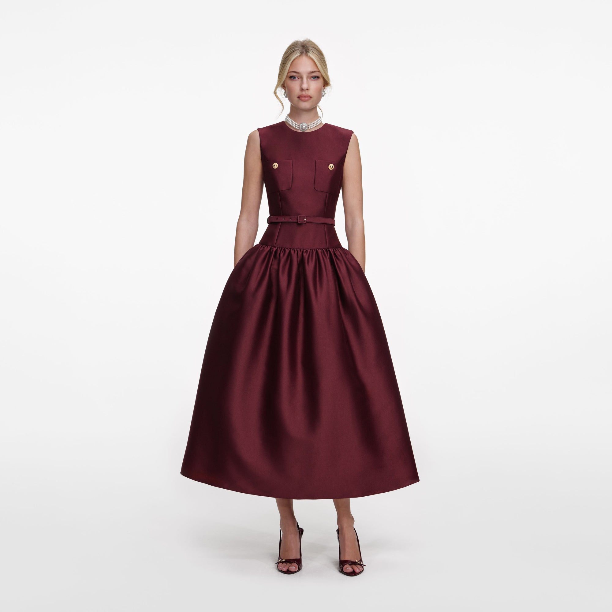 Front view of a woman wearing the Burgundy Taffeta Midi Dress