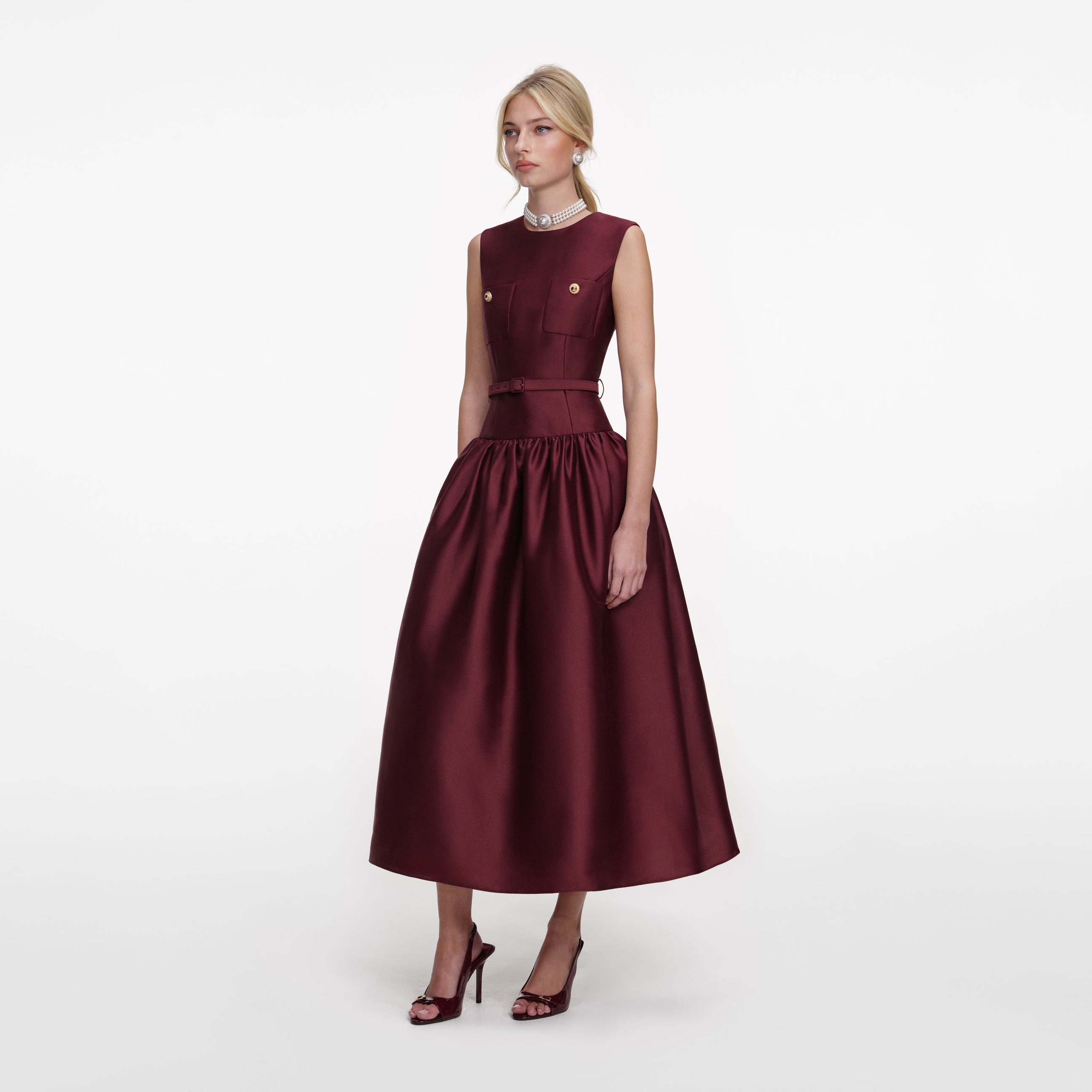 Burgundy Taffeta Midi Dress – self-portrait