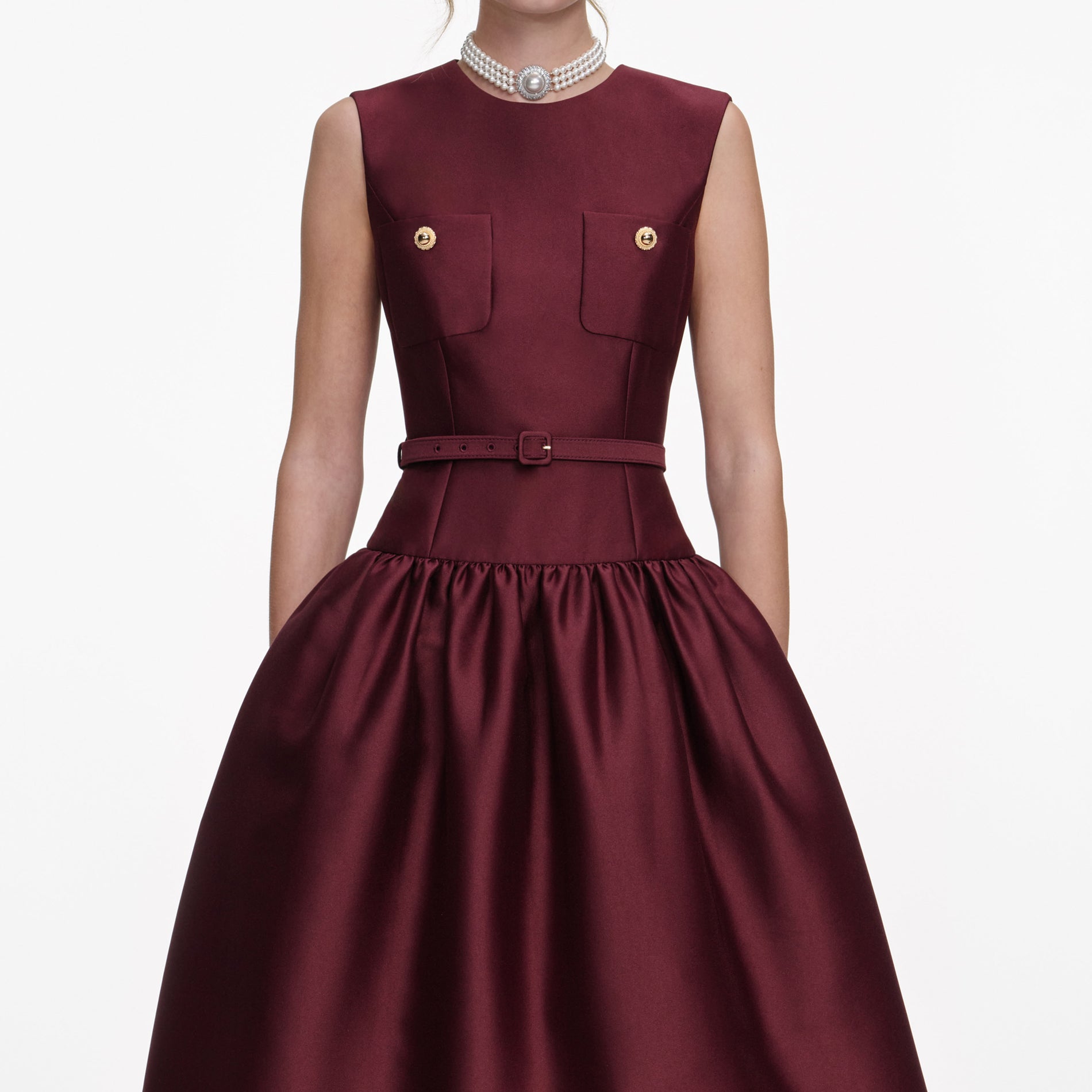 A close up of a woman wearing the Burgundy Taffeta Midi Dress