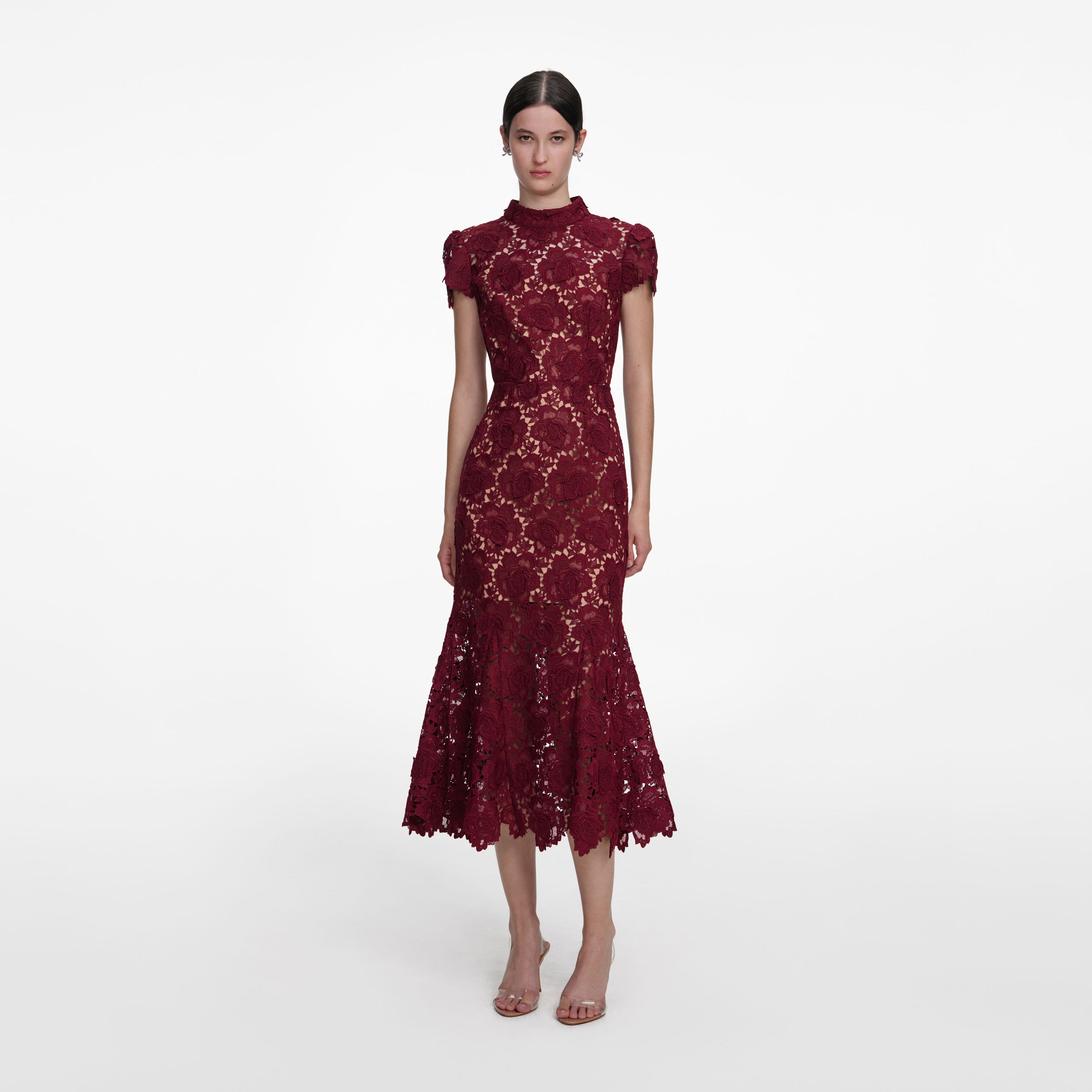 Burgundy Flower Lace Midi Dress – self-portrait