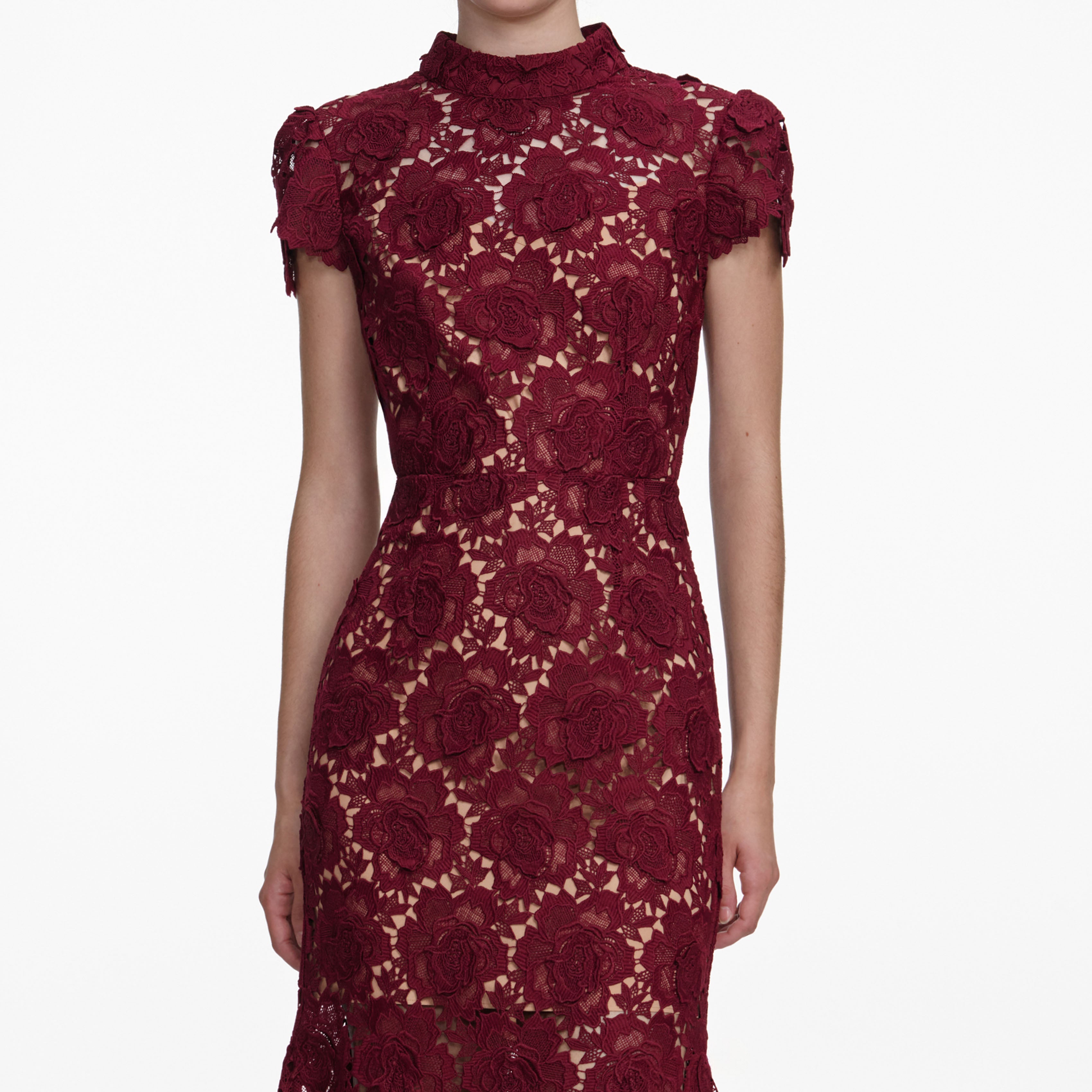 Burgundy Flower Lace Midi Dress