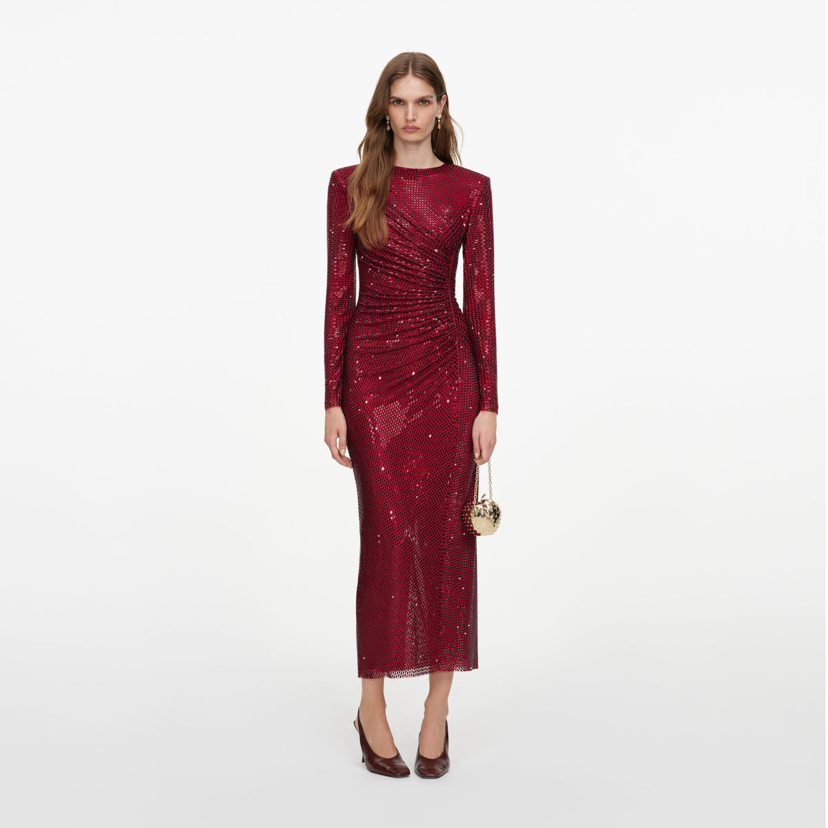 Burgundy Rhinestone Gathered Midi Dress