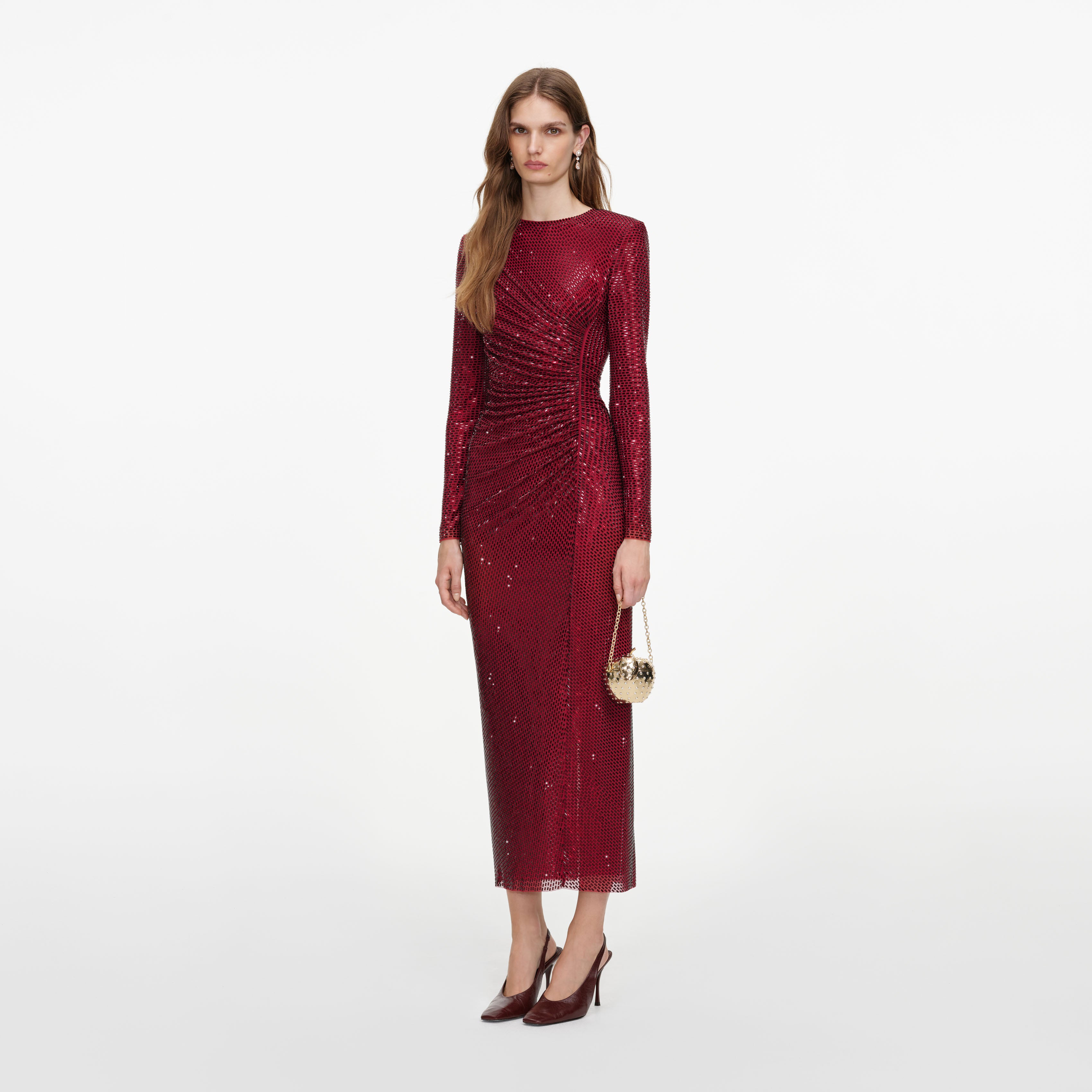 Burgundy Rhinestone Gathered Midi Dress