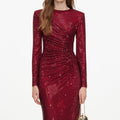 Burgundy Rhinestone Gathered Midi Dress