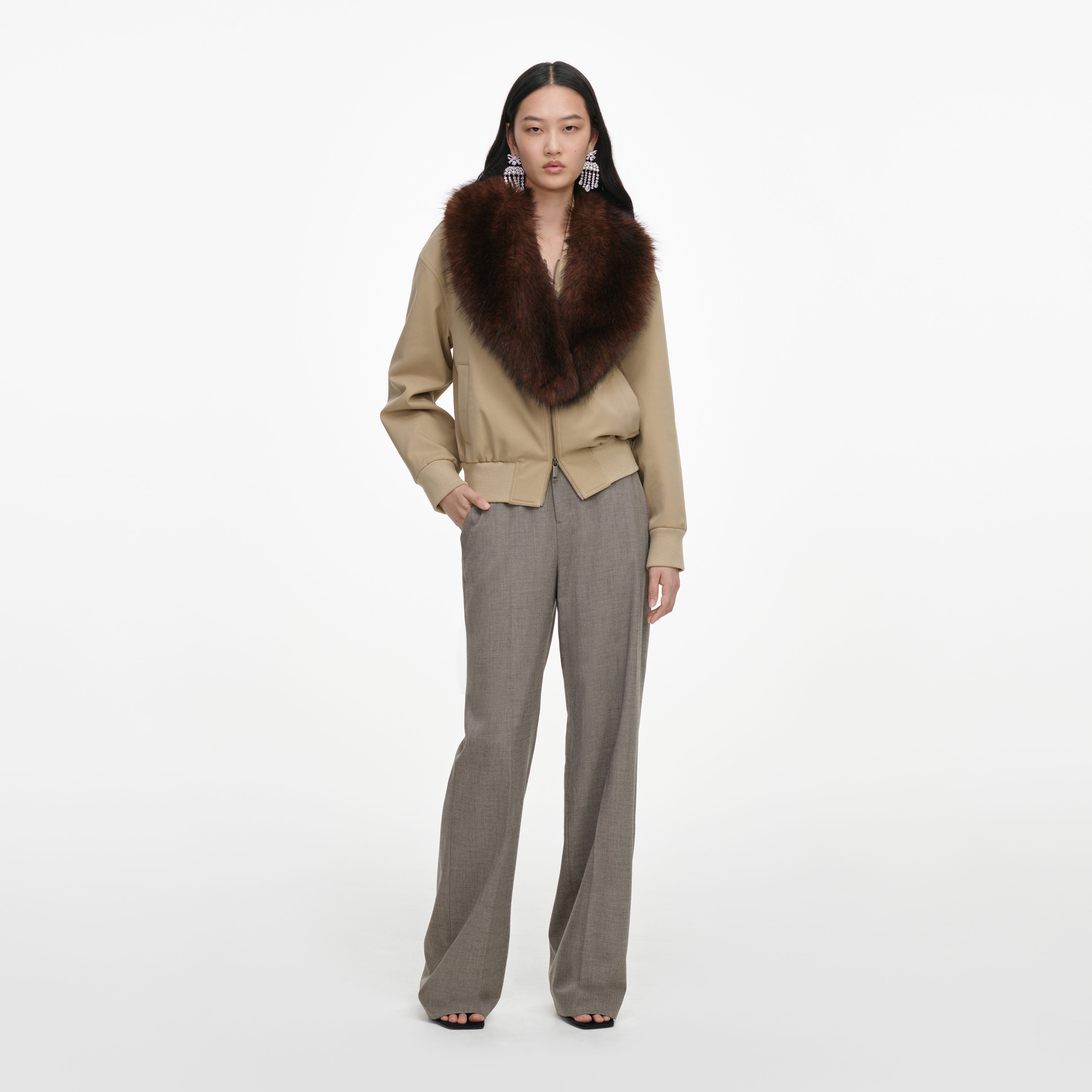 Beige Faux Fur Bomber Jacket