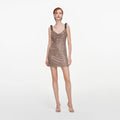 Tan Rhinestone Beaded Trim Mini Dress