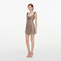 Tan Rhinestone Beaded Trim Mini Dress