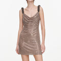 Tan Rhinestone Beaded Trim Mini Dress