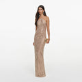 Champagne Chevron Rhinestone Halterneck Maxi Dress