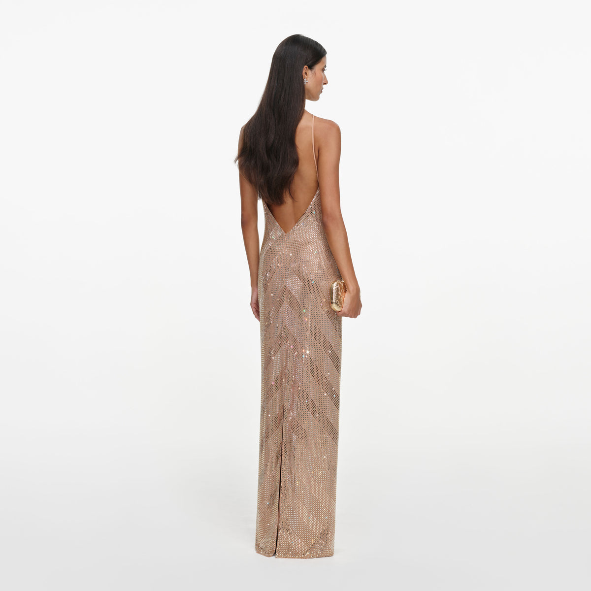 Champagne Chevron Rhinestone Halterneck Maxi Dress
