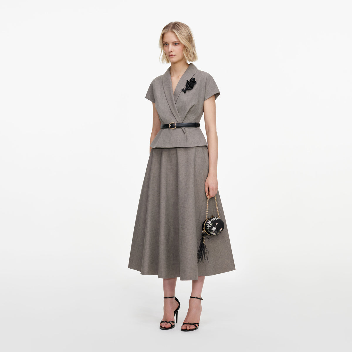 Brown Twill Brooch Midi Dress