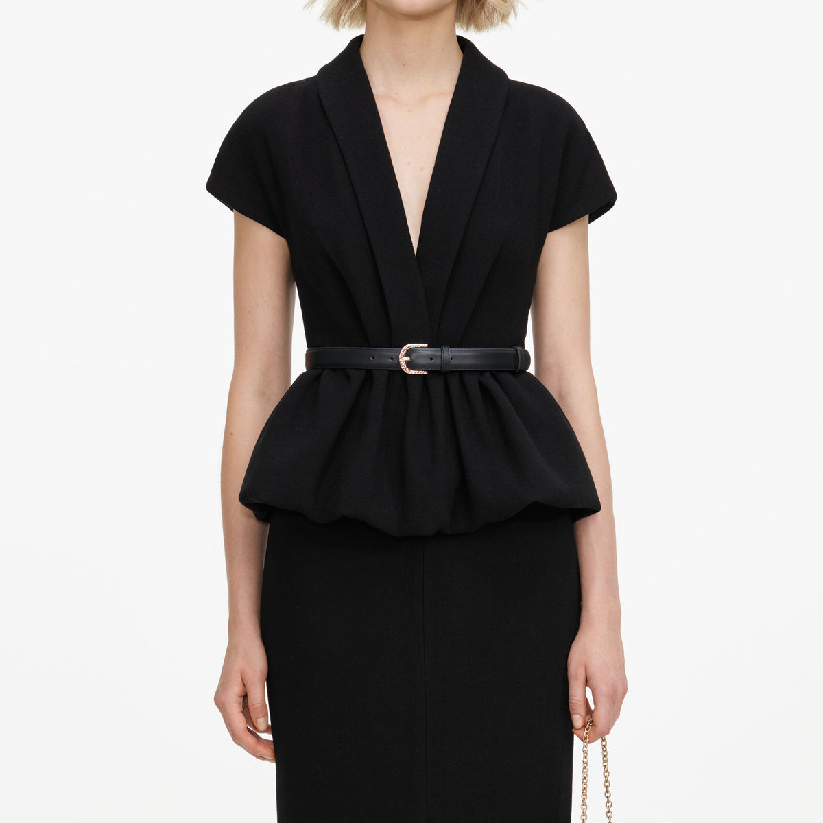 Black Crepe Peplum Midi Dress