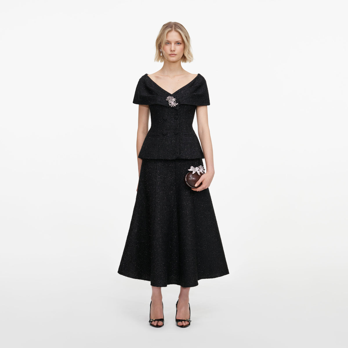 Black Tinsel Boucle Brooch Midi Dress