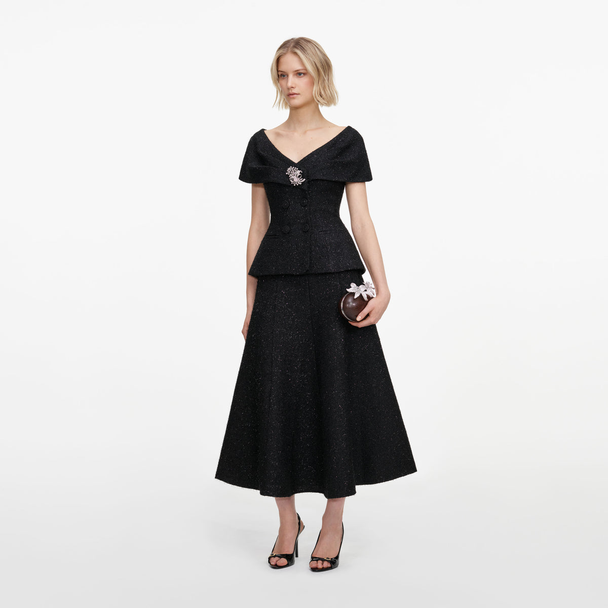 Black Tinsel Boucle Brooch Midi Dress