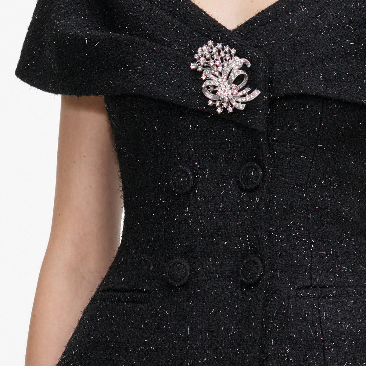 Black Tinsel Boucle Brooch Midi Dress