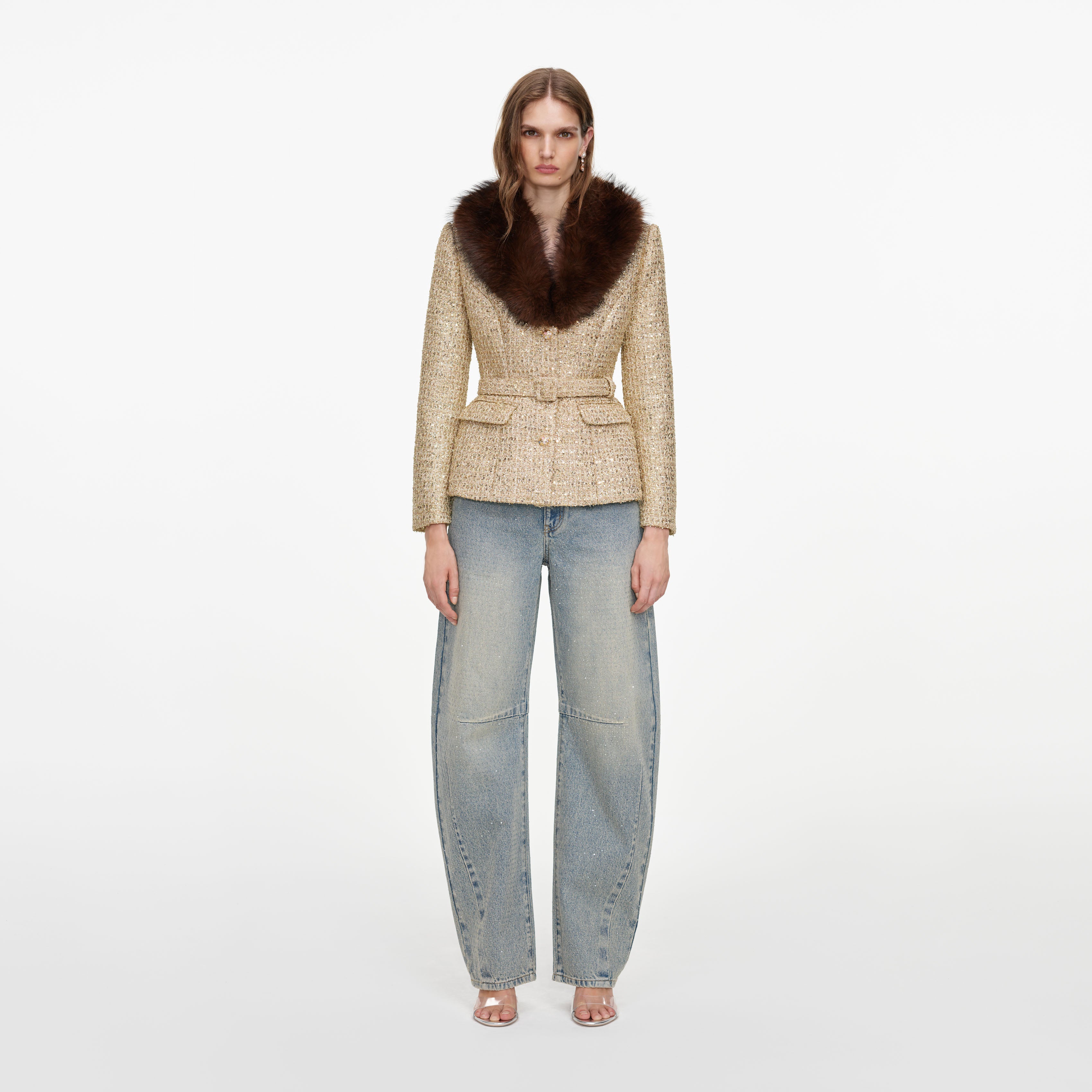 Gold Sequin Boucle Fur Collar Jacket