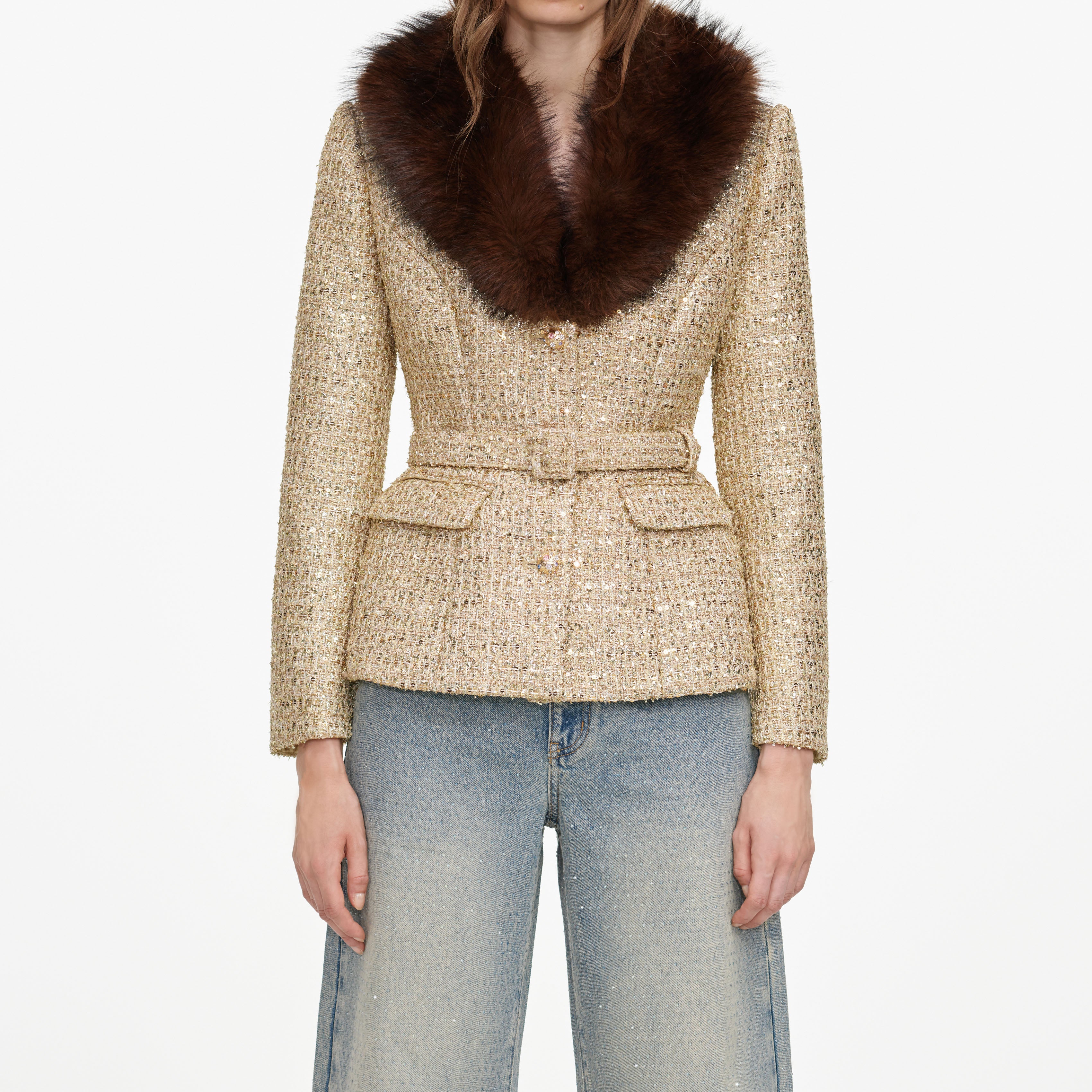 Gold Sequin Boucle Fur Collar Jacket