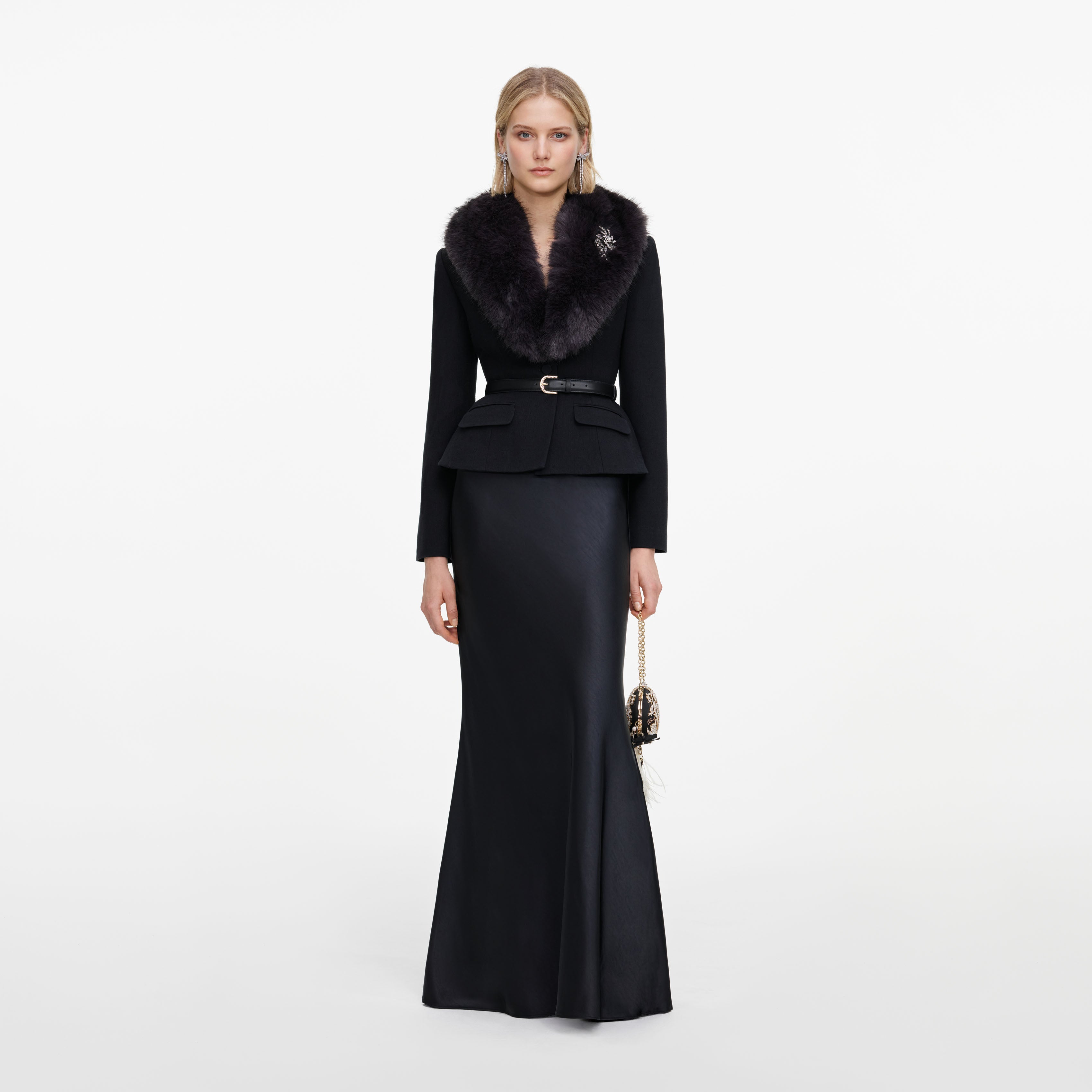 Black Tailored Fur Collar Maxi Dress
