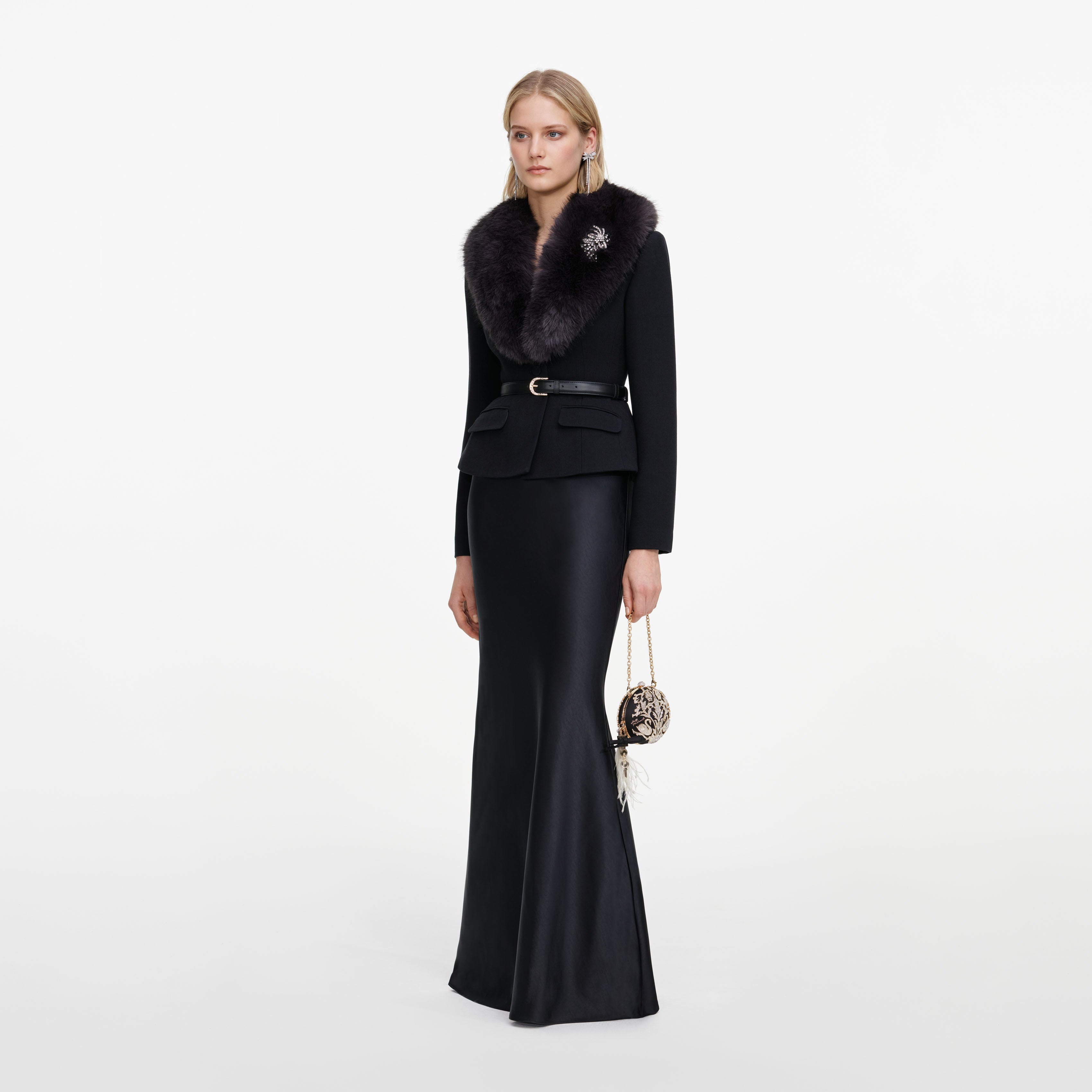 Black Tailored Fur Collar Maxi Dress