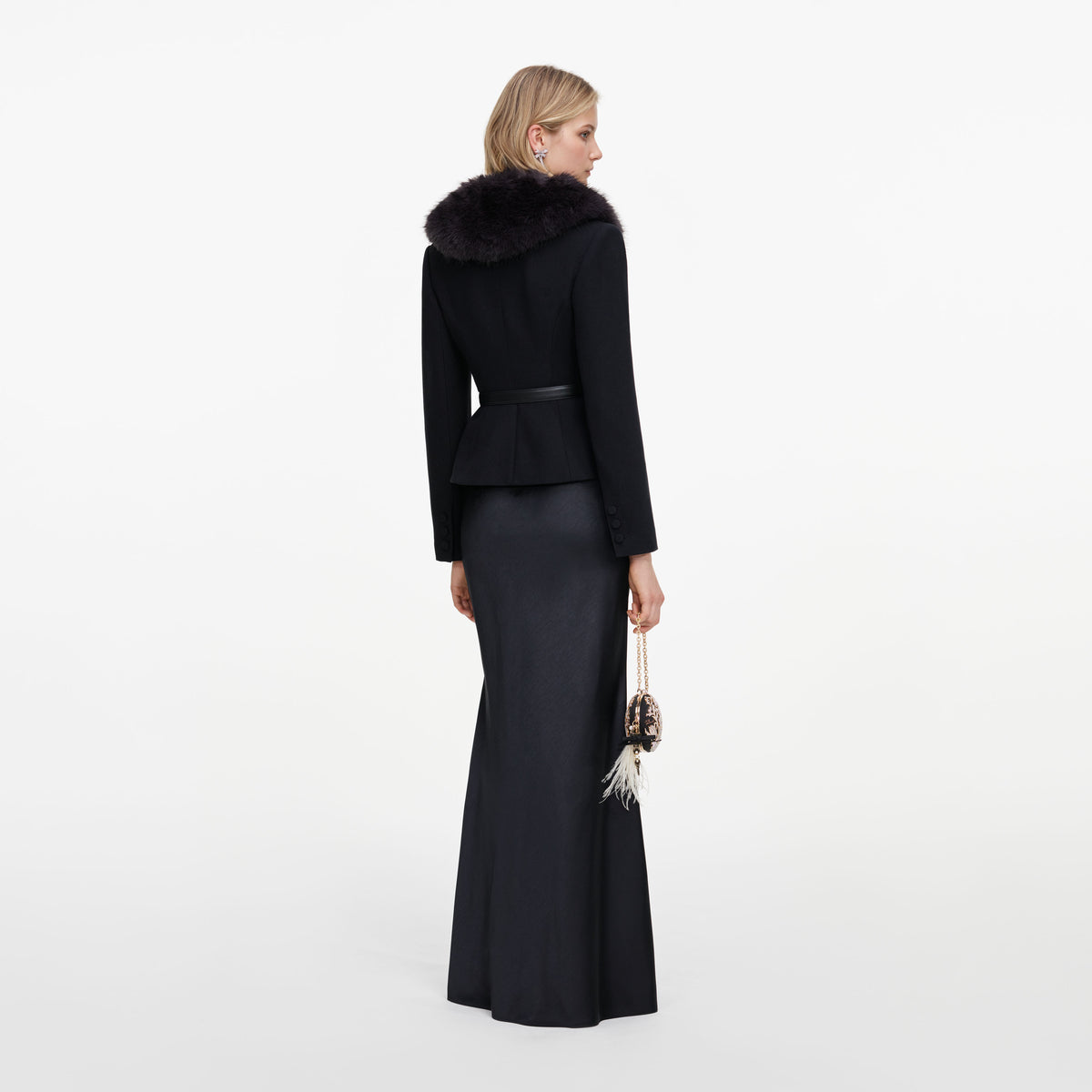 Black Tailored Fur Collar Maxi Dress