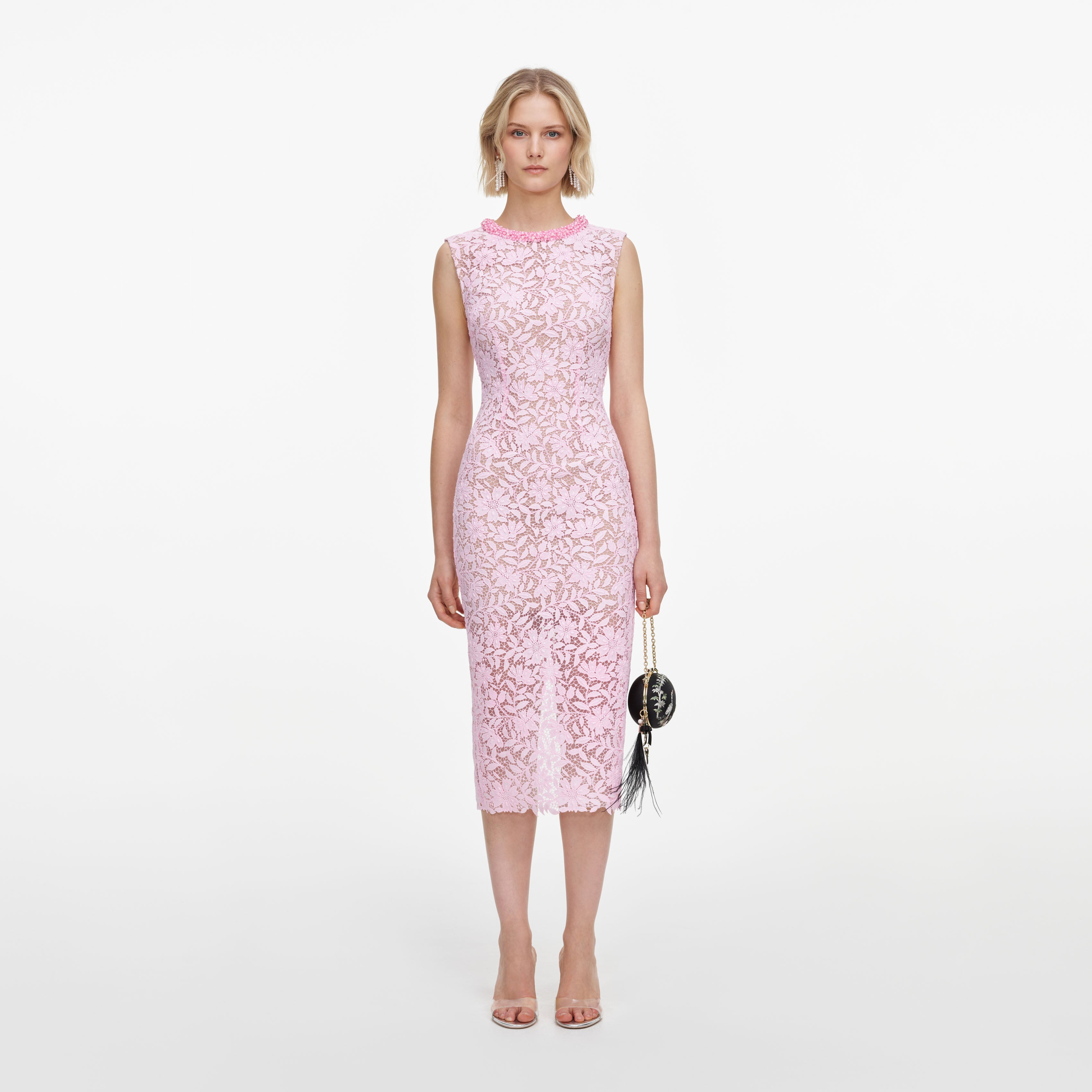 Pink Lace Beaded Trim Midi Dress | self-portrait