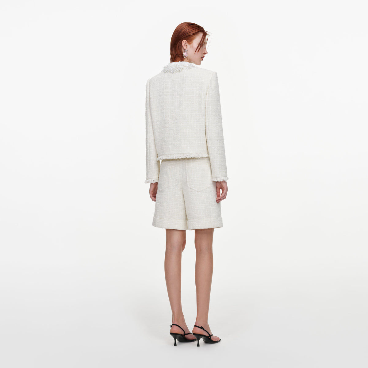 Cream Sequin Boucle Pearl Trim Jacket